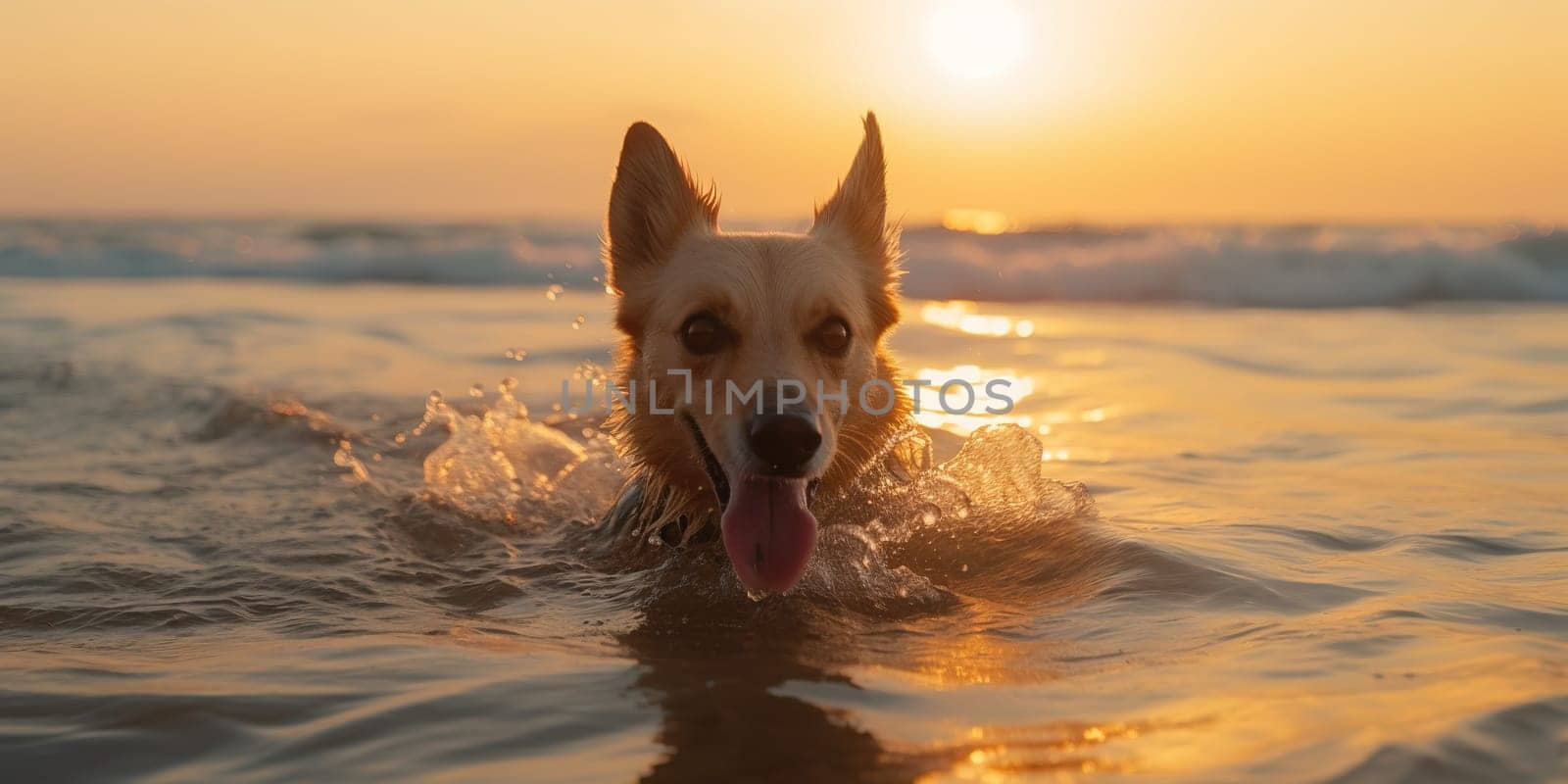 Dog swimming in ocean water at sunset. by GekaSkr
