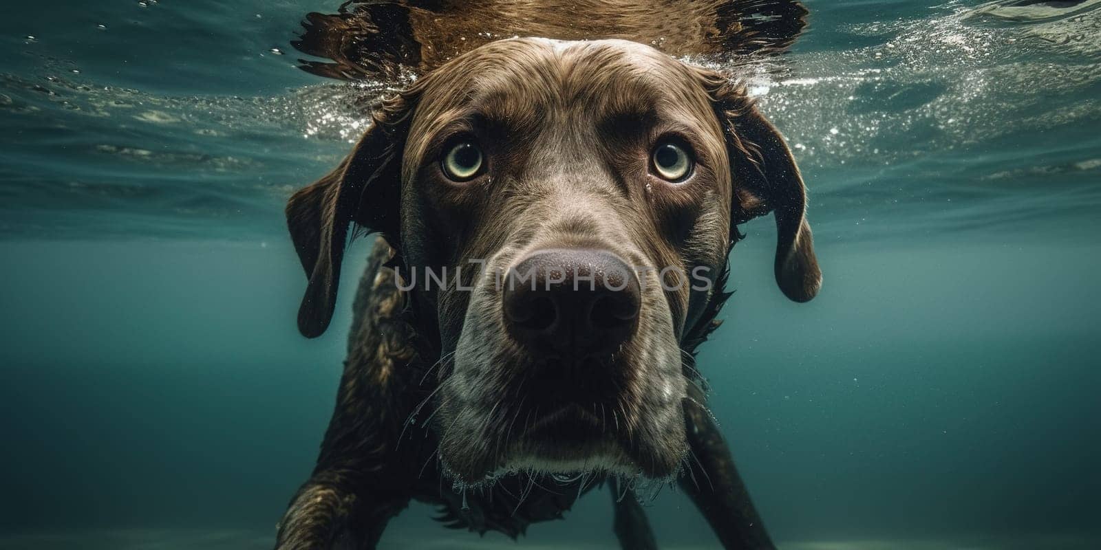 Underwater, closeup on dog muzzle shows joy of swimming in water.