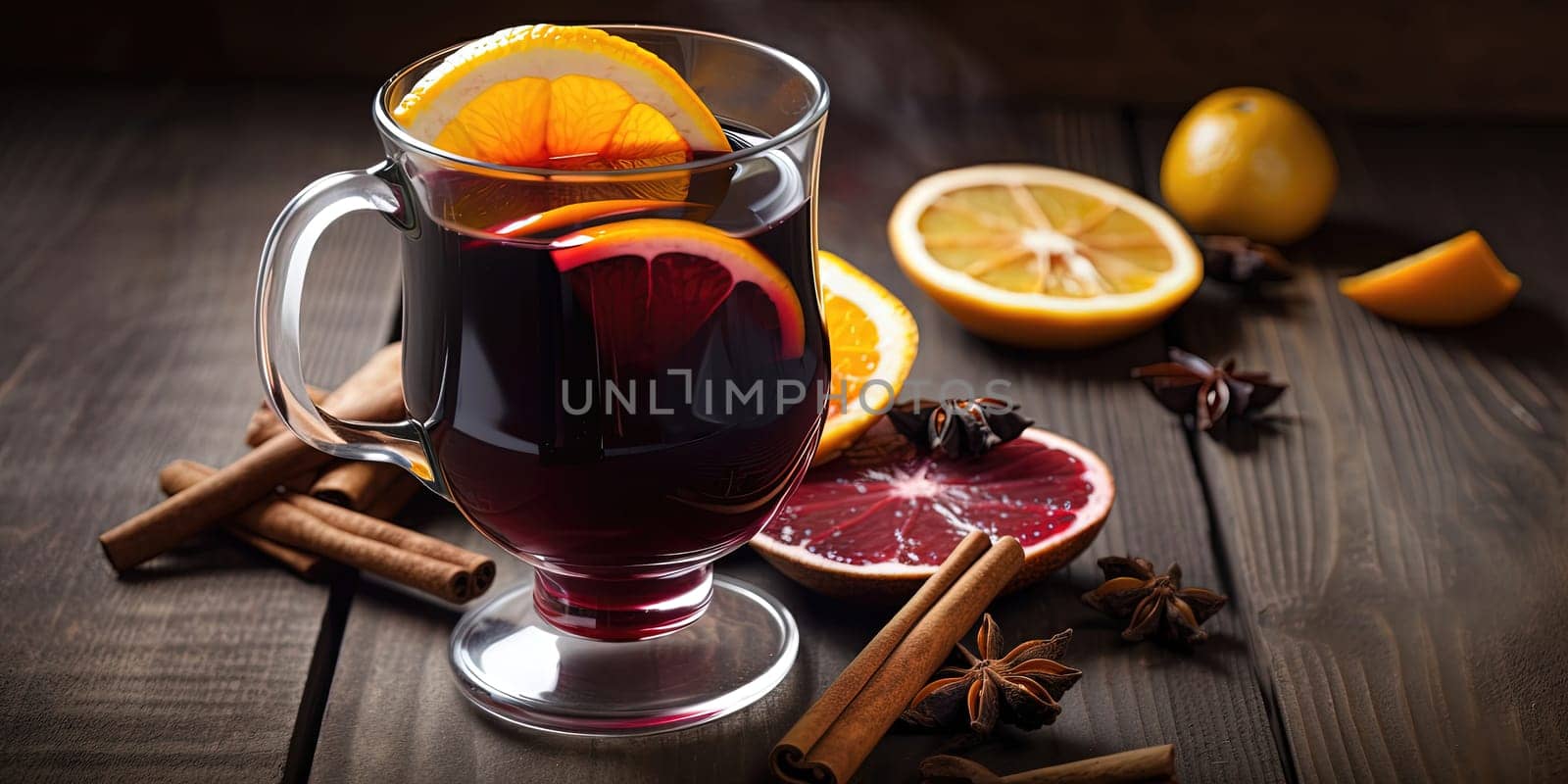 Hot gluhwein in two glasses, mulled wine with oranges and spices on a wooden table