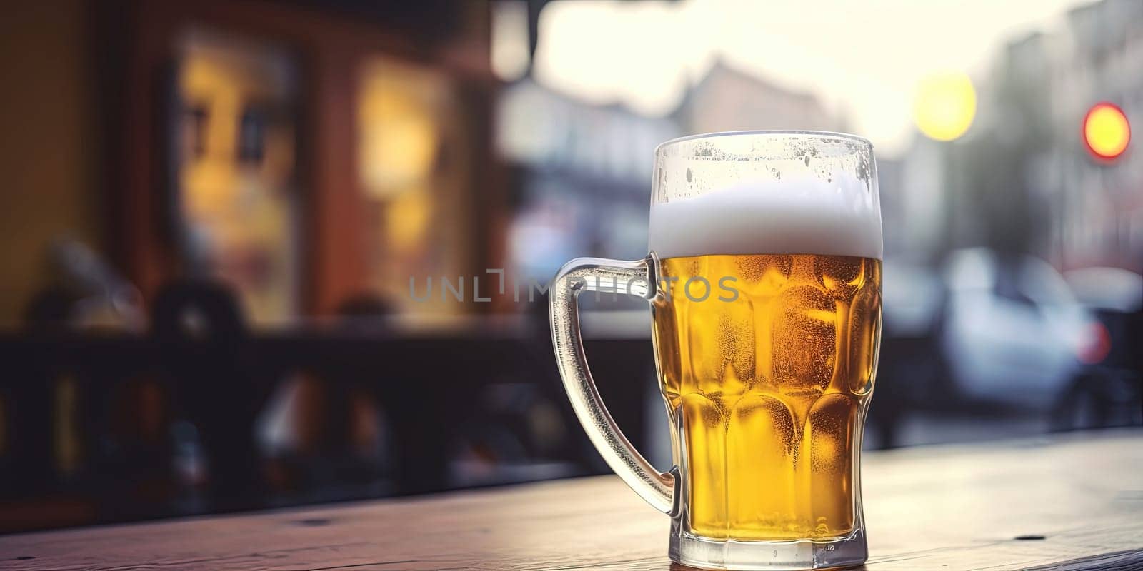 Mug of beer with foam on a table with a blurred background