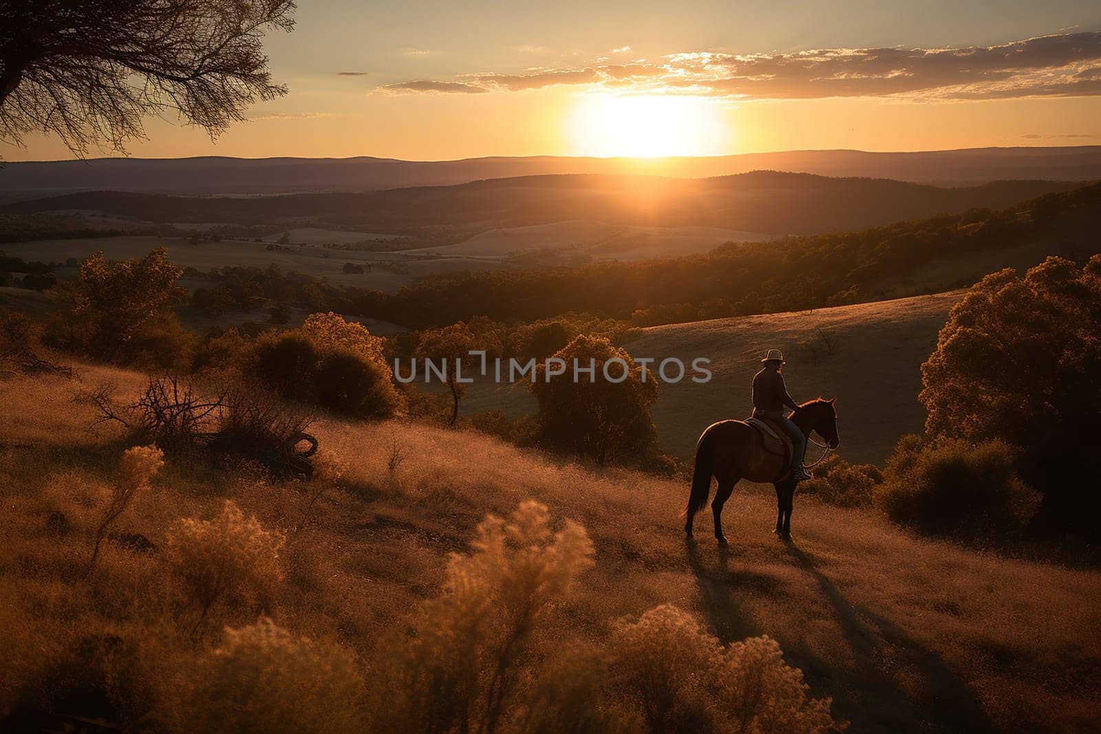 Rider On Horseback Retreats Through Rolling Hills by GekaSkr