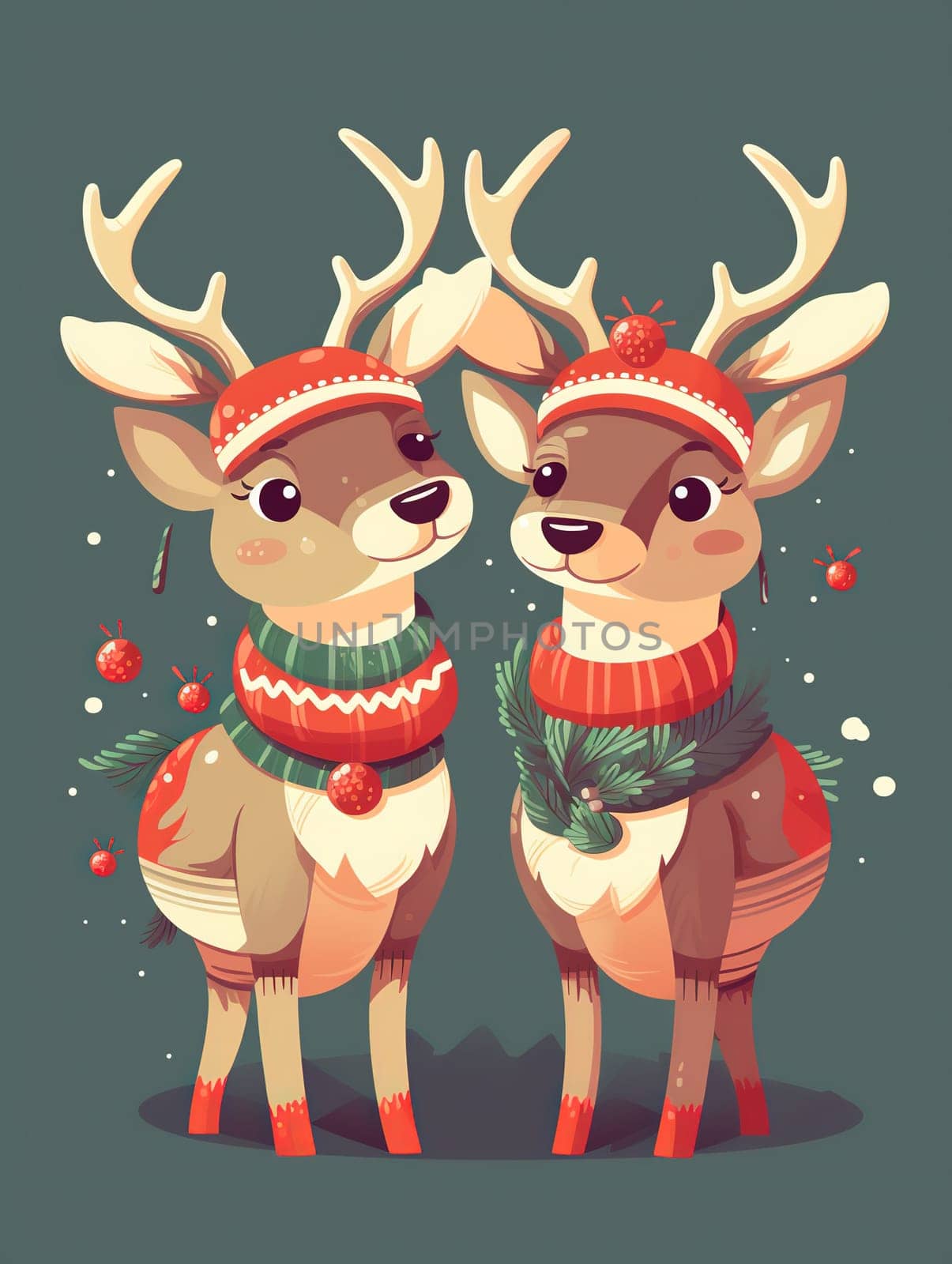 Christmas Reindeer Raster Illustration Features Two Festive Christmas Deer With Holiday Decorations