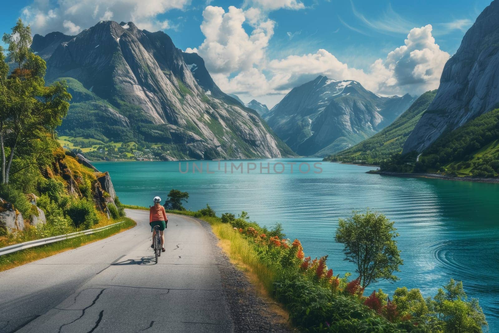 Cyclist riding on a picturesque road alongside a mountainous lake under a clear blue sky