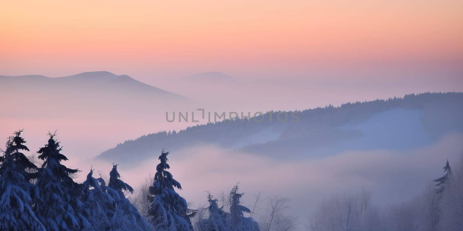 amazing panoramic winter View on the snowy mountains in the Mist, generative AI