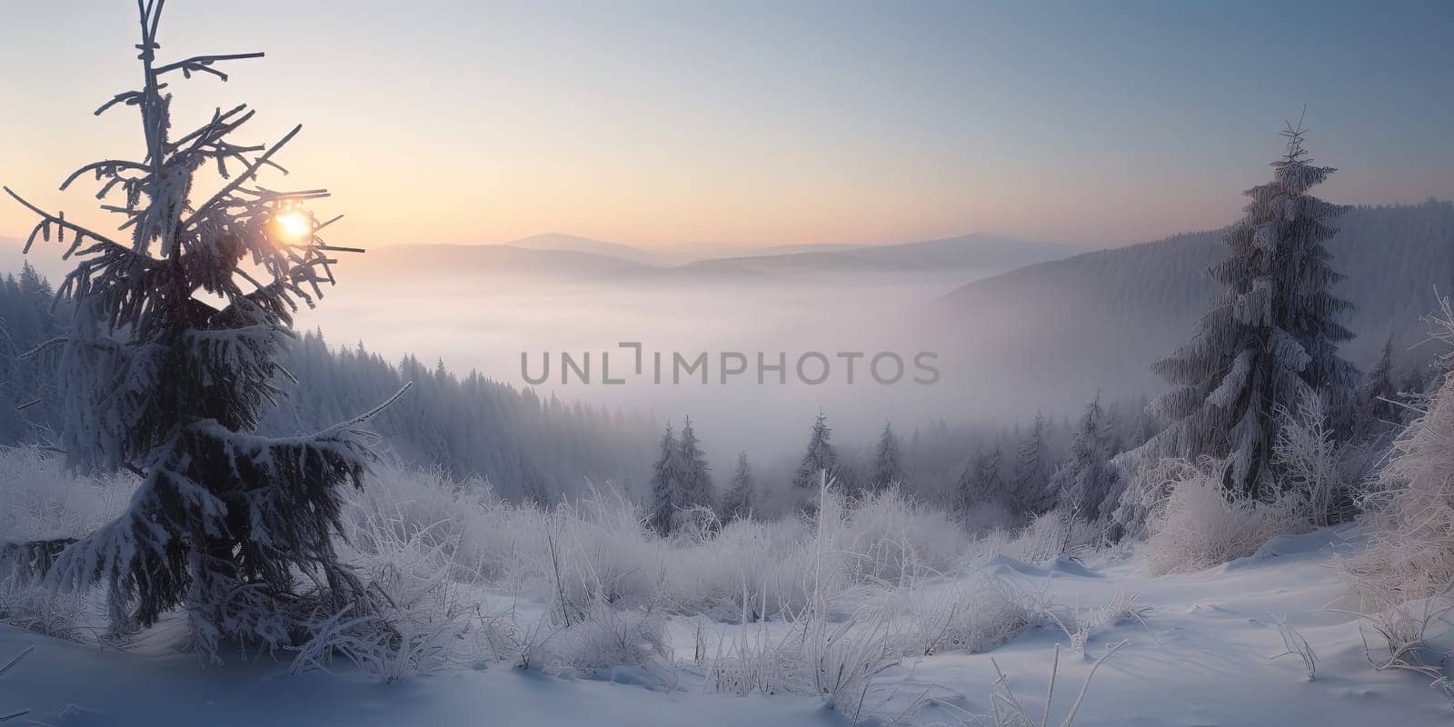 amazing panoramic snowy landscape in Winter mountains at sunrise , generative AI