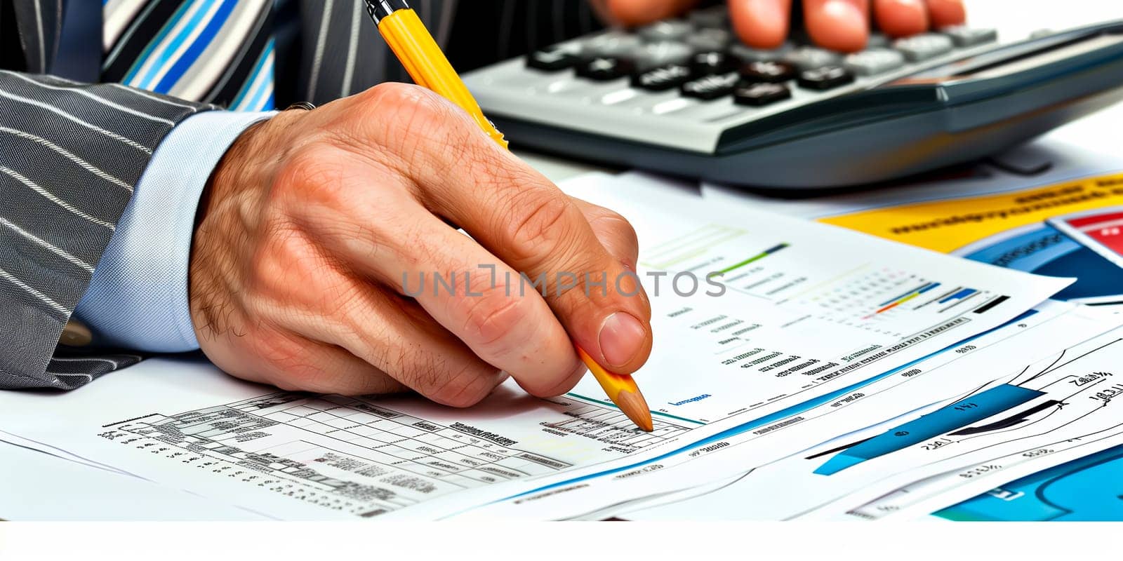 Accounting is an exact science. Close up cropped view of businessman hands doing financial paperwork check money savings sum on bank account calculating goods service price paying bills. Shallow dof.