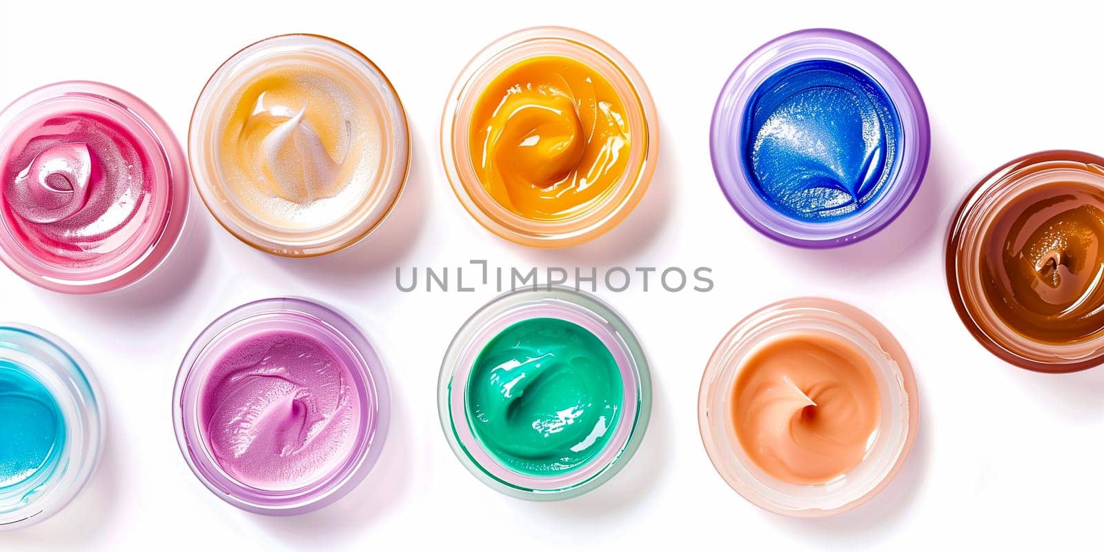 Multicolored cream eyeshadows in jars on white background, close up.