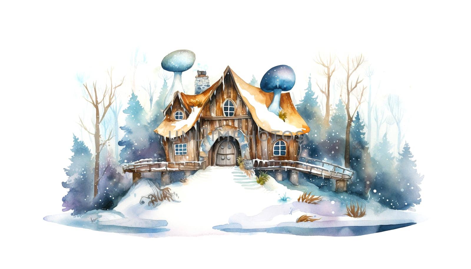 watercolor painting of fabulous house from winter Fairy Tail, fantastic castle in snow , generative AI
