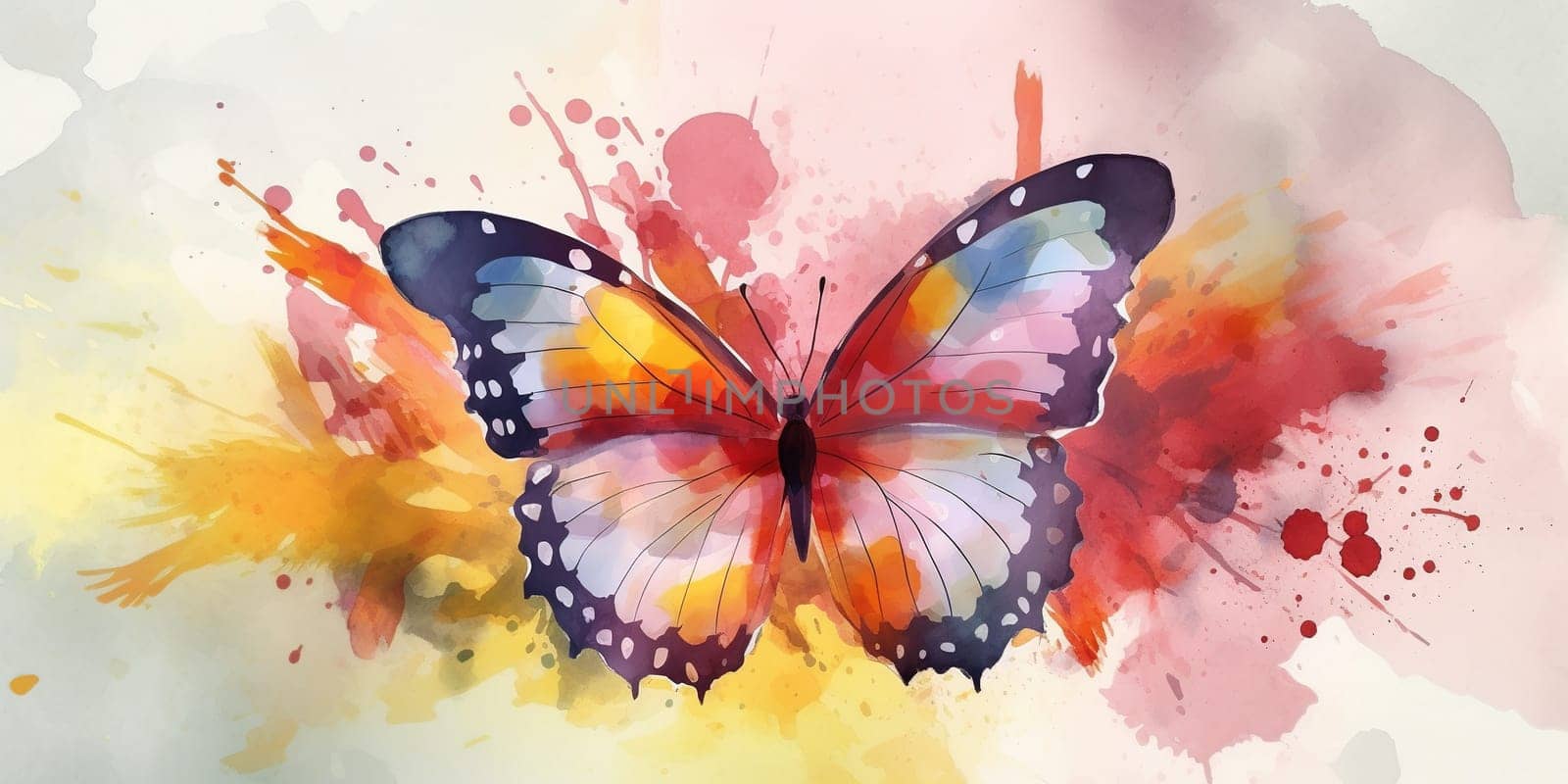 watercolor painting of beautiful colorful butterfly with wings in pastel colors and watercolor paint splashes and drops , generative AI