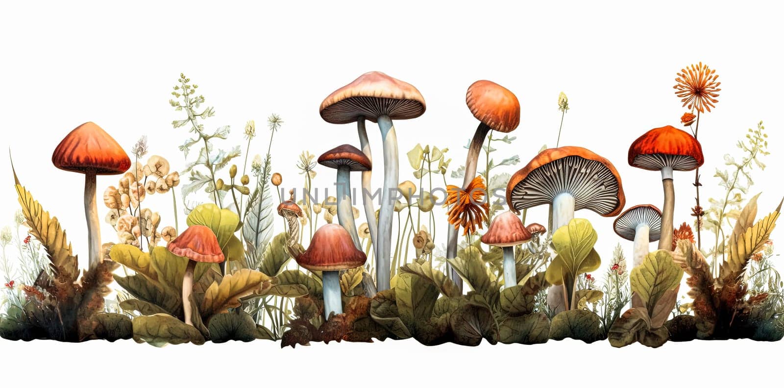 A row of mushrooms are shown in a field of grass. The mushrooms are orange and white, and they are scattered throughout the field. The image has a peaceful and serene mood