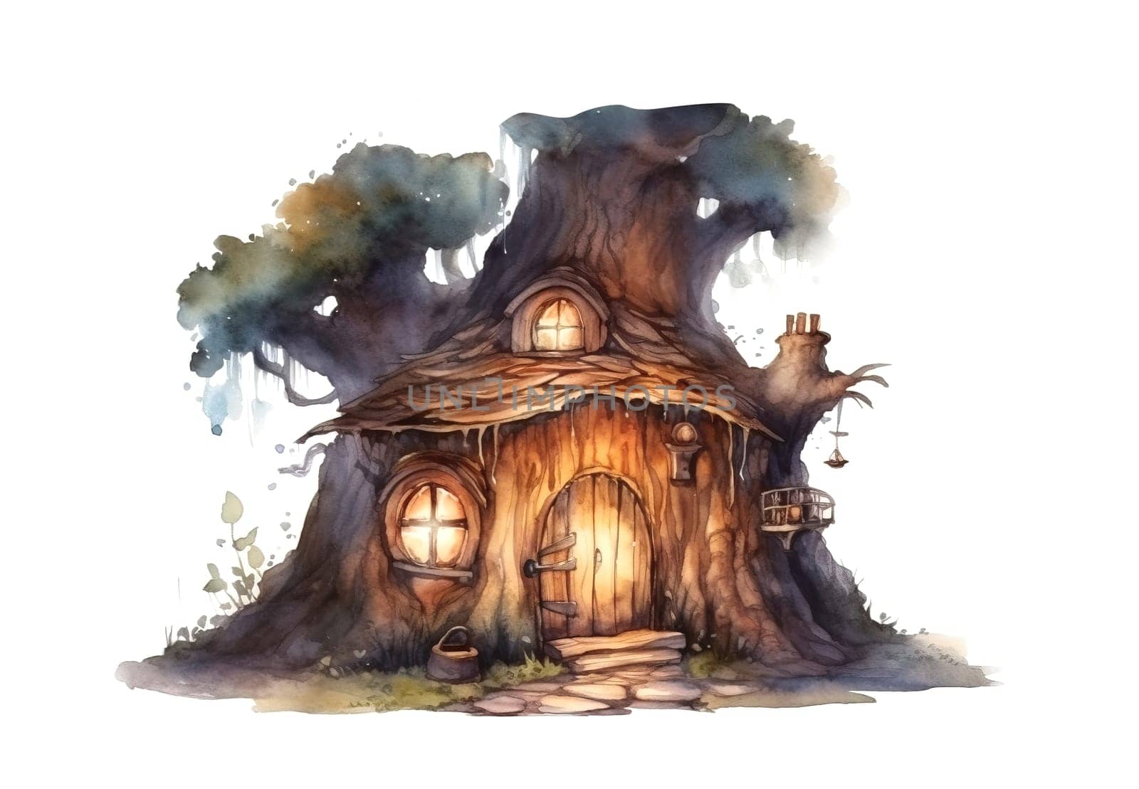 watercolor illustration painting of mysterious house for the dwarves from the fairy tale in the big old wood , generative AI