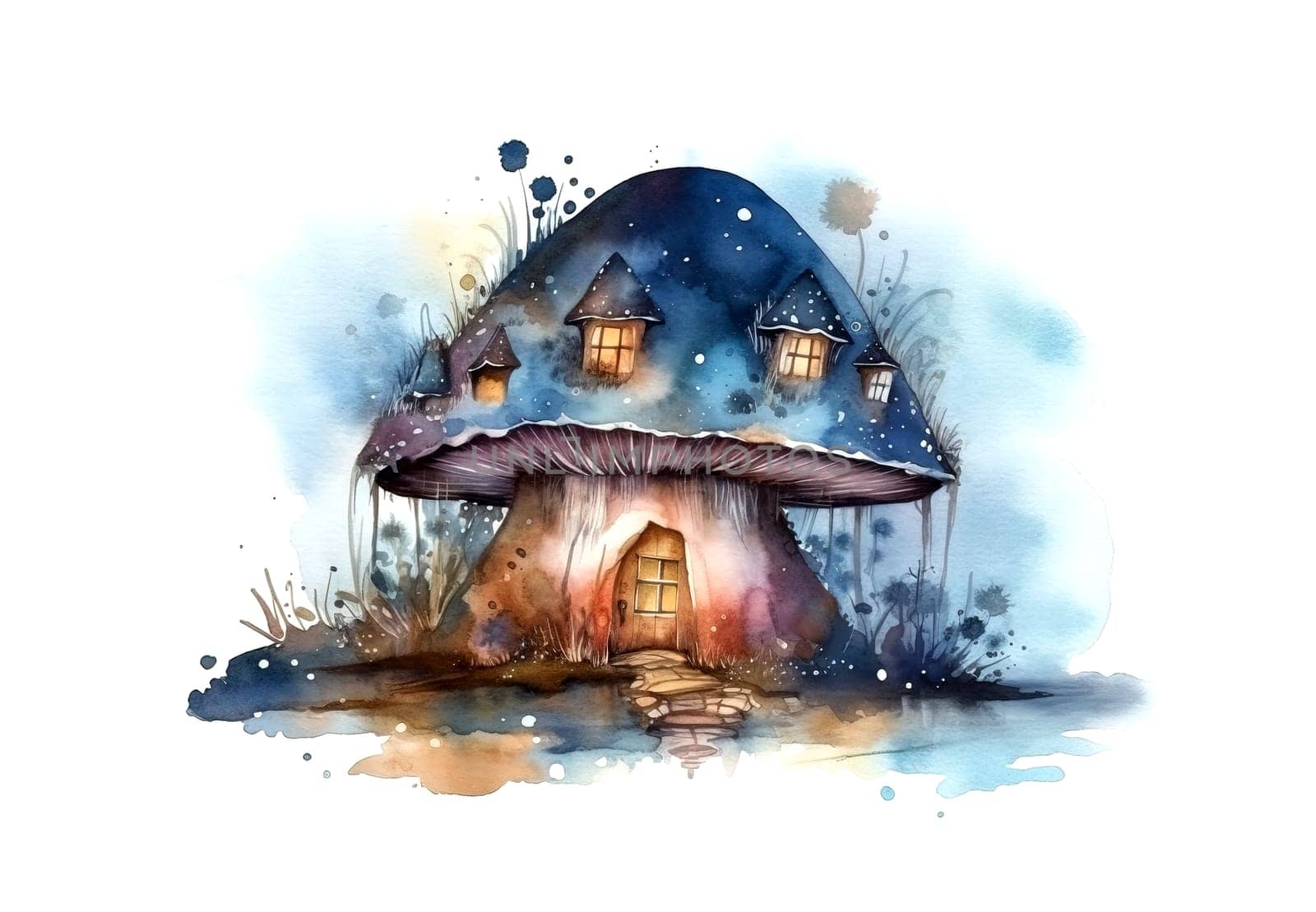 magical fabulous Mushroom House from storytale at night, watercolor painting , generative AI