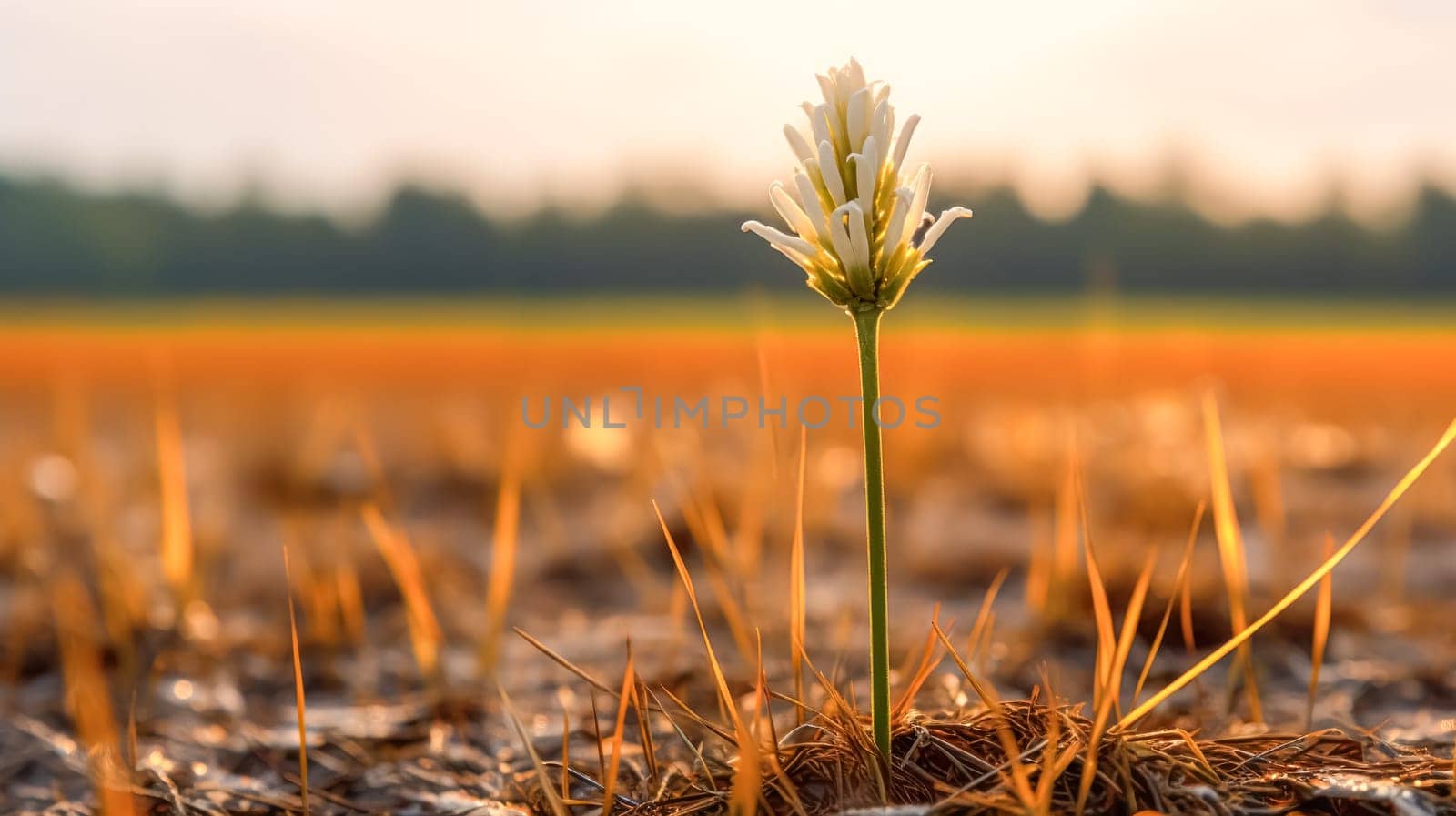 A single white flower is standing in a field of yellow flowers. by Alla_Morozova93