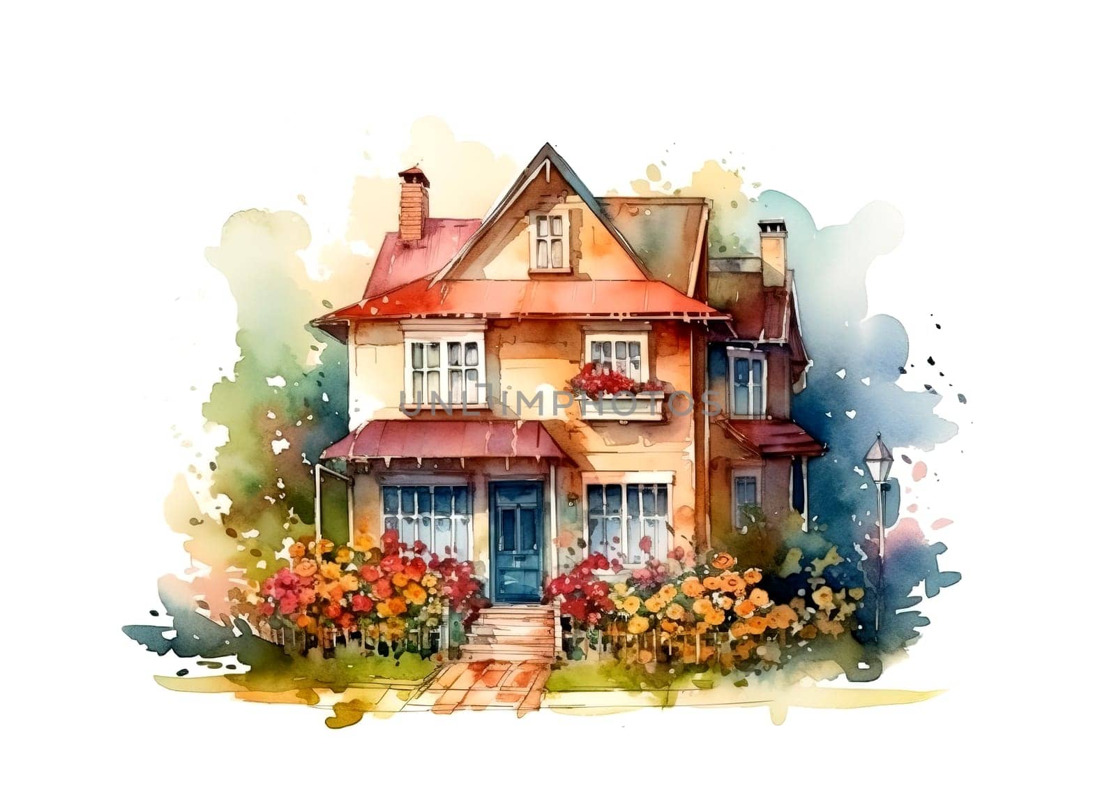 watercolor painting of modern three-story beautiful house on a street among flowers and plants on a white background , generative AI