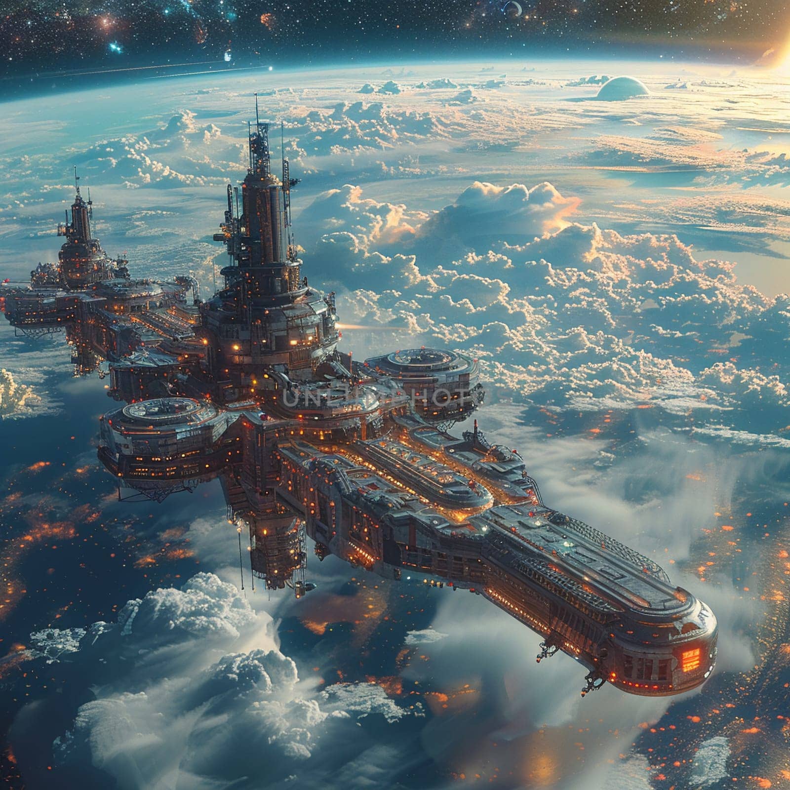 Space station orbiting a terraformed planet, rendered in stunning 3D with realistic textures.