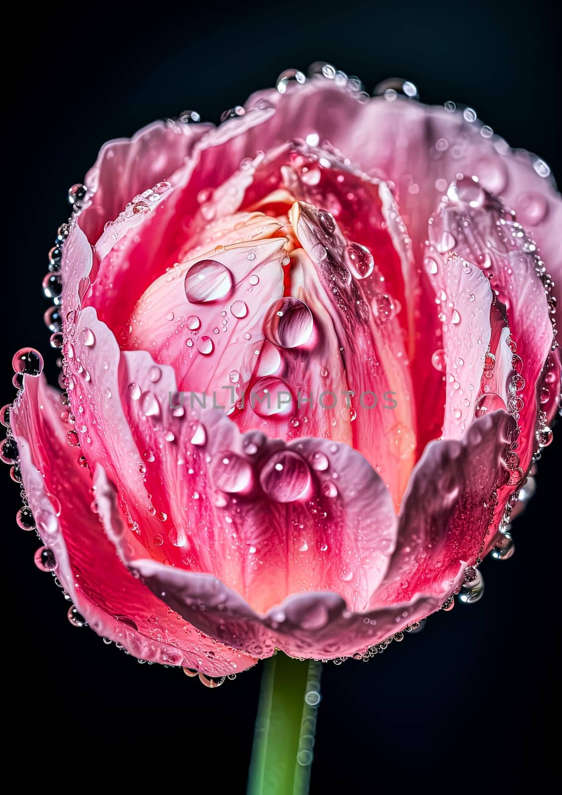A beautiful pink flower with droplets of water on it. The droplets are small and scattered, giving the flower a delicate and serene appearance
