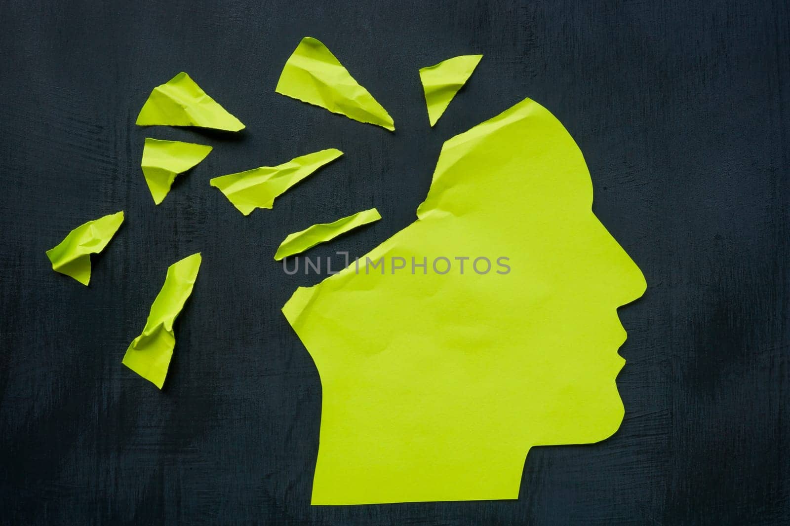 Paper head torn as concept for memory and mental health problems.