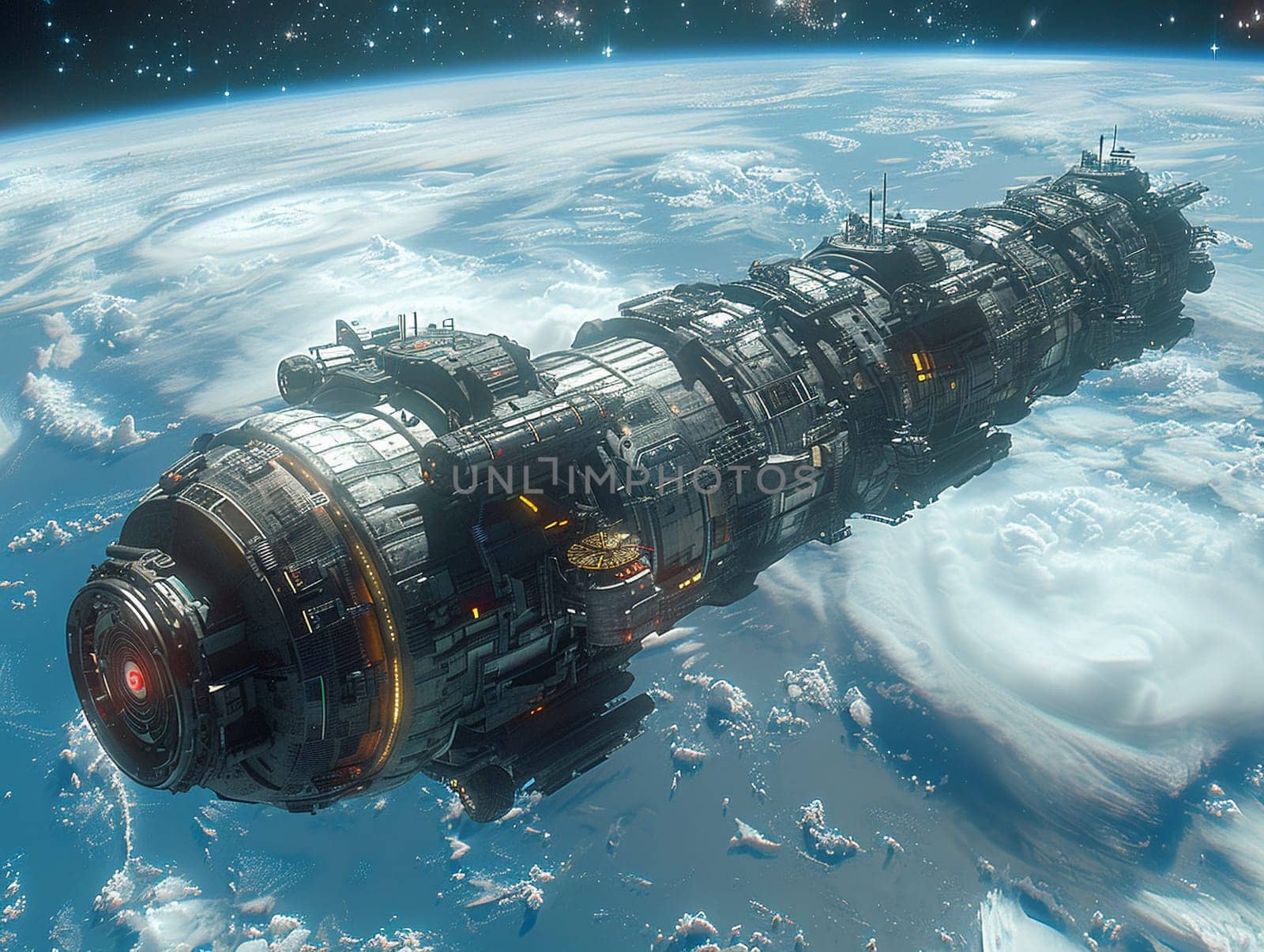 Space station orbiting a terraformed planet, rendered in stunning 3D with realistic textures.