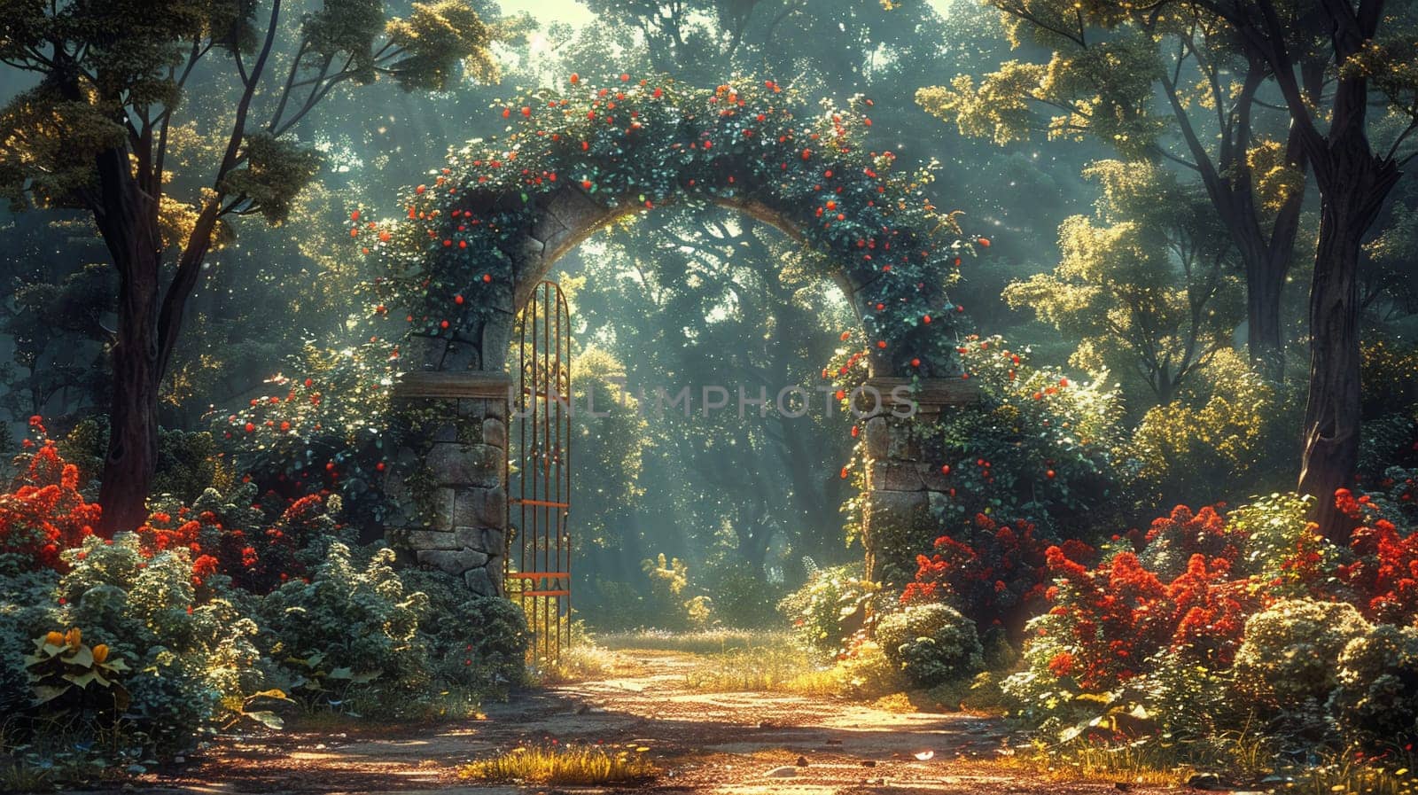 Secret garden gate partially open, inviting exploration, painted with a whimsical, storybook quality.