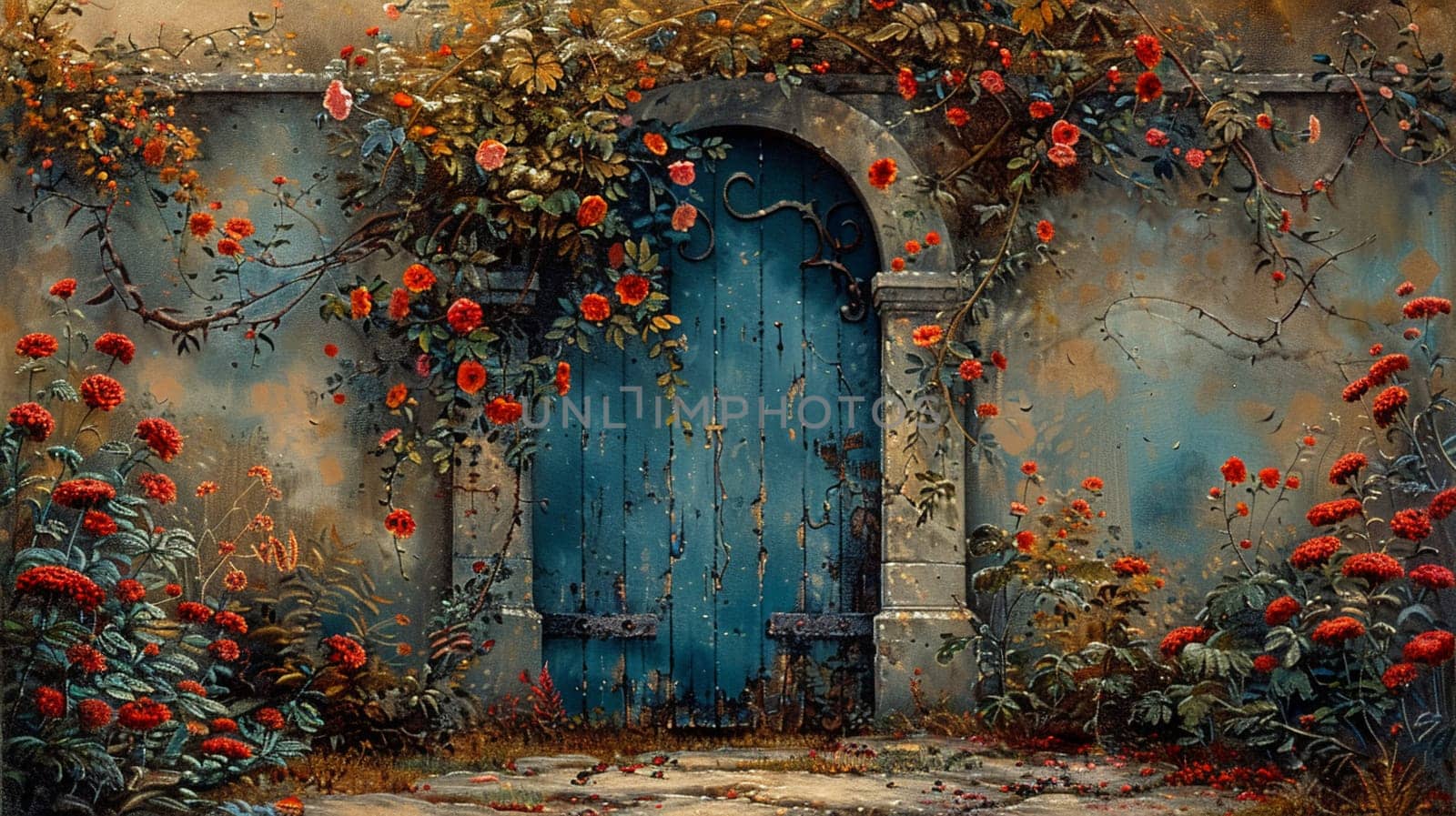 Secret garden gate partially open, inviting exploration, painted with a whimsical, storybook quality.