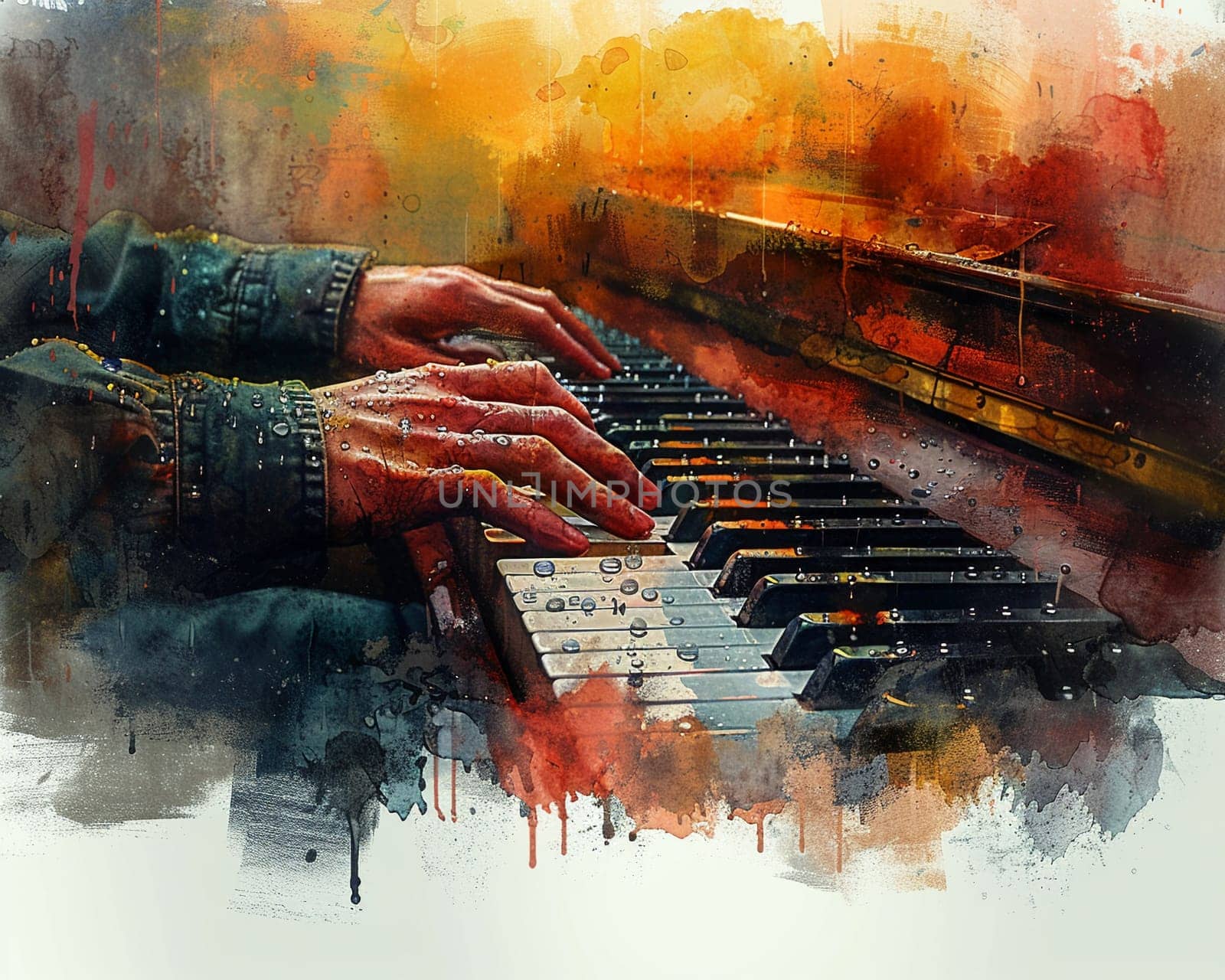 Hands playing a melody on a raindrop-covered piano, illustrated in a flowing, lyrical watercolor style.