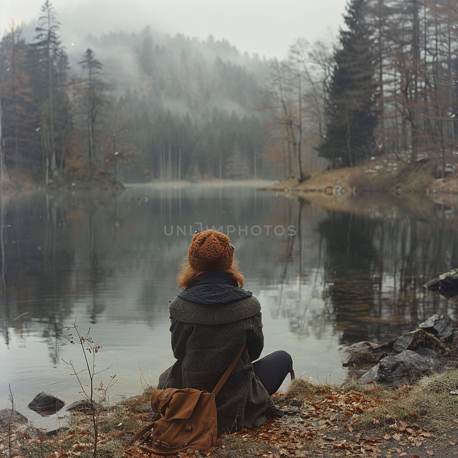 Contemplative wanderer by a placid lake by Benzoix