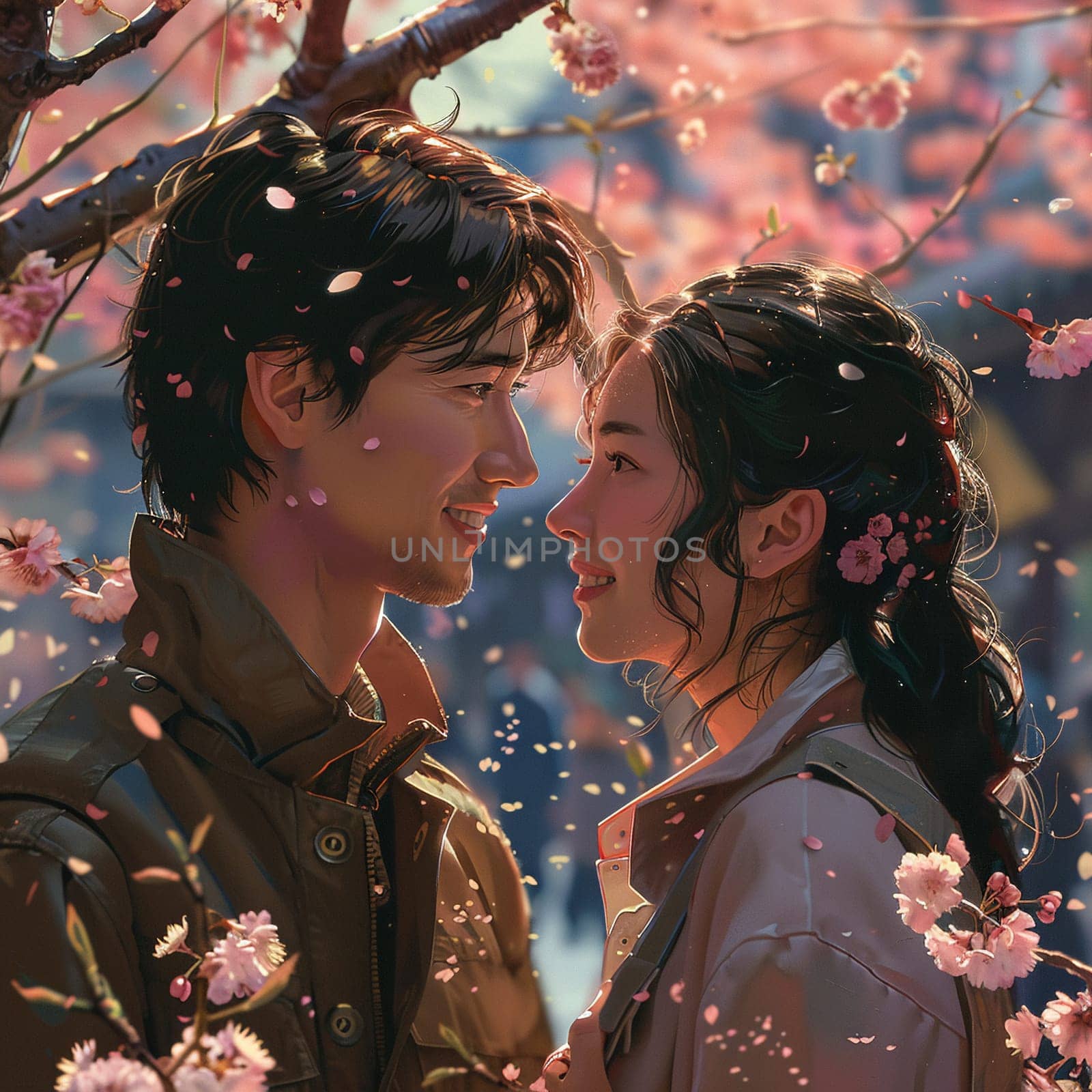 Intimate moment under cherry blossoms, illustrated in a soft, romanticized anime style.