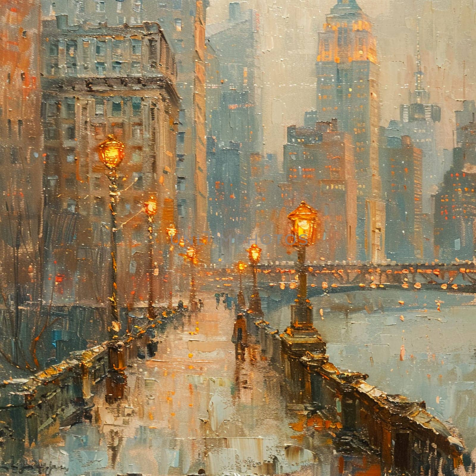 Bridge view in the city painted with a soft-focus background and detailed architectural foreground.