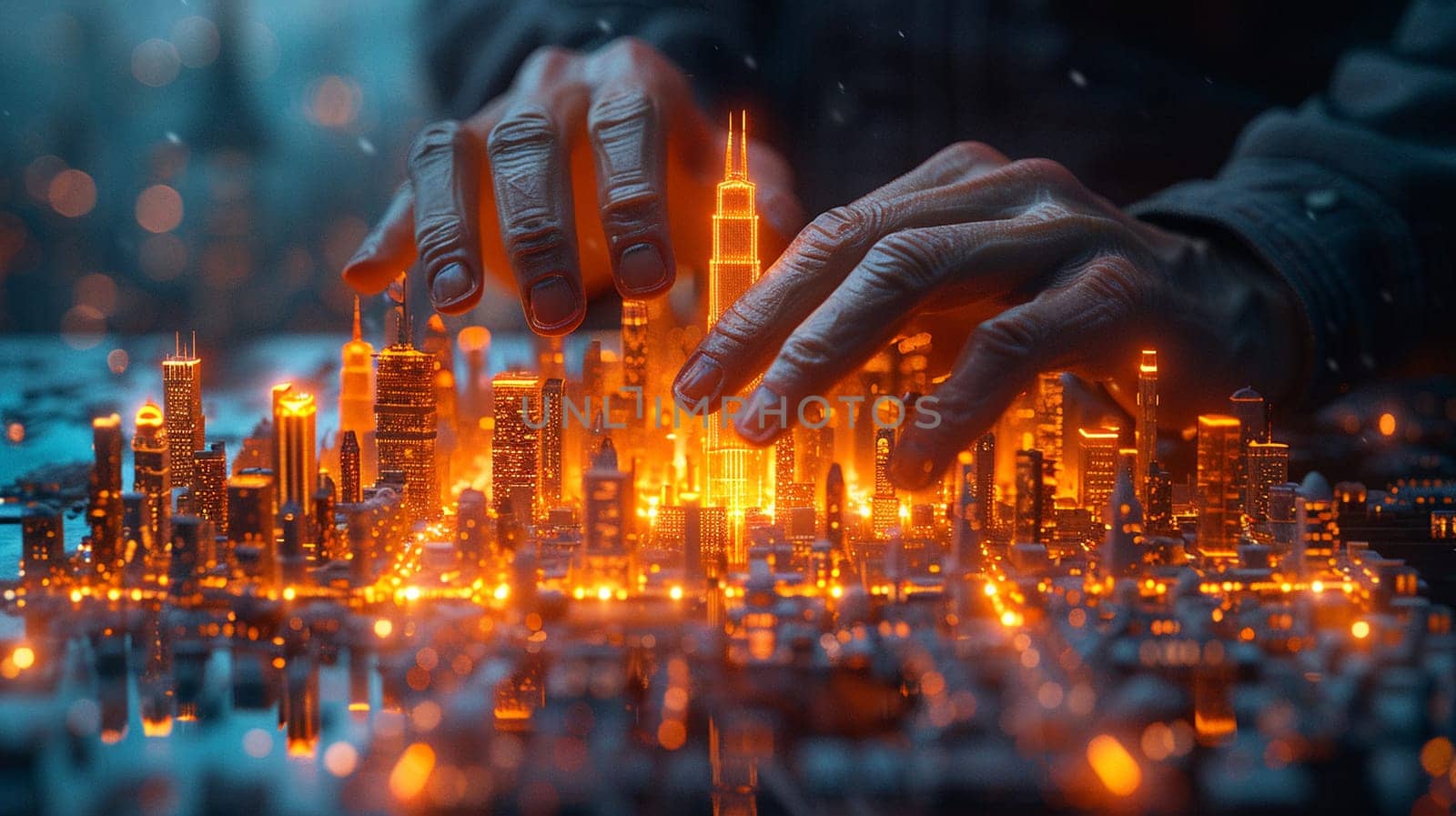 Architect's hands over a holographic city model, illustrated with a blend of realism and digital artistry.