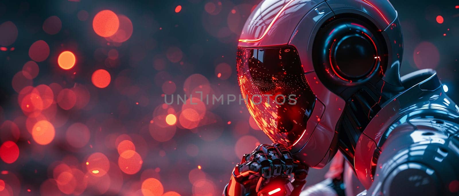 Futuristic android in contemplation, rendered in a sleek 3D style with chrome and neon highlights.