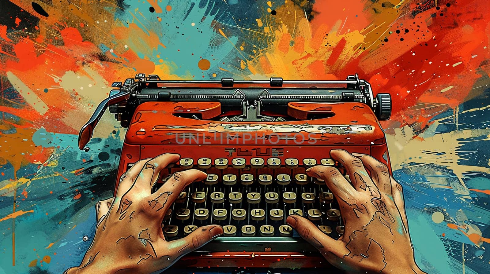 Hands typing on a vintage typewriter, captured with a pop art twist and a burst of creative symbols.