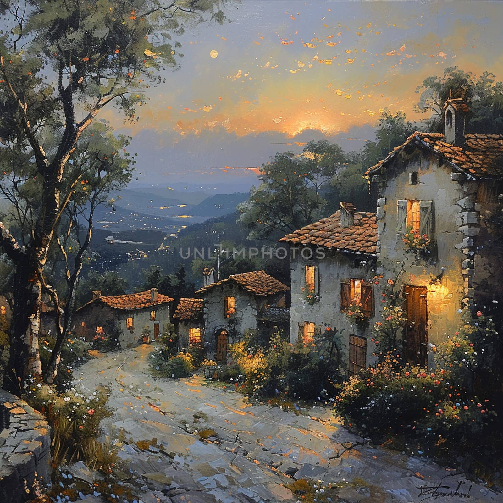 Rustic village at twilight by Benzoix