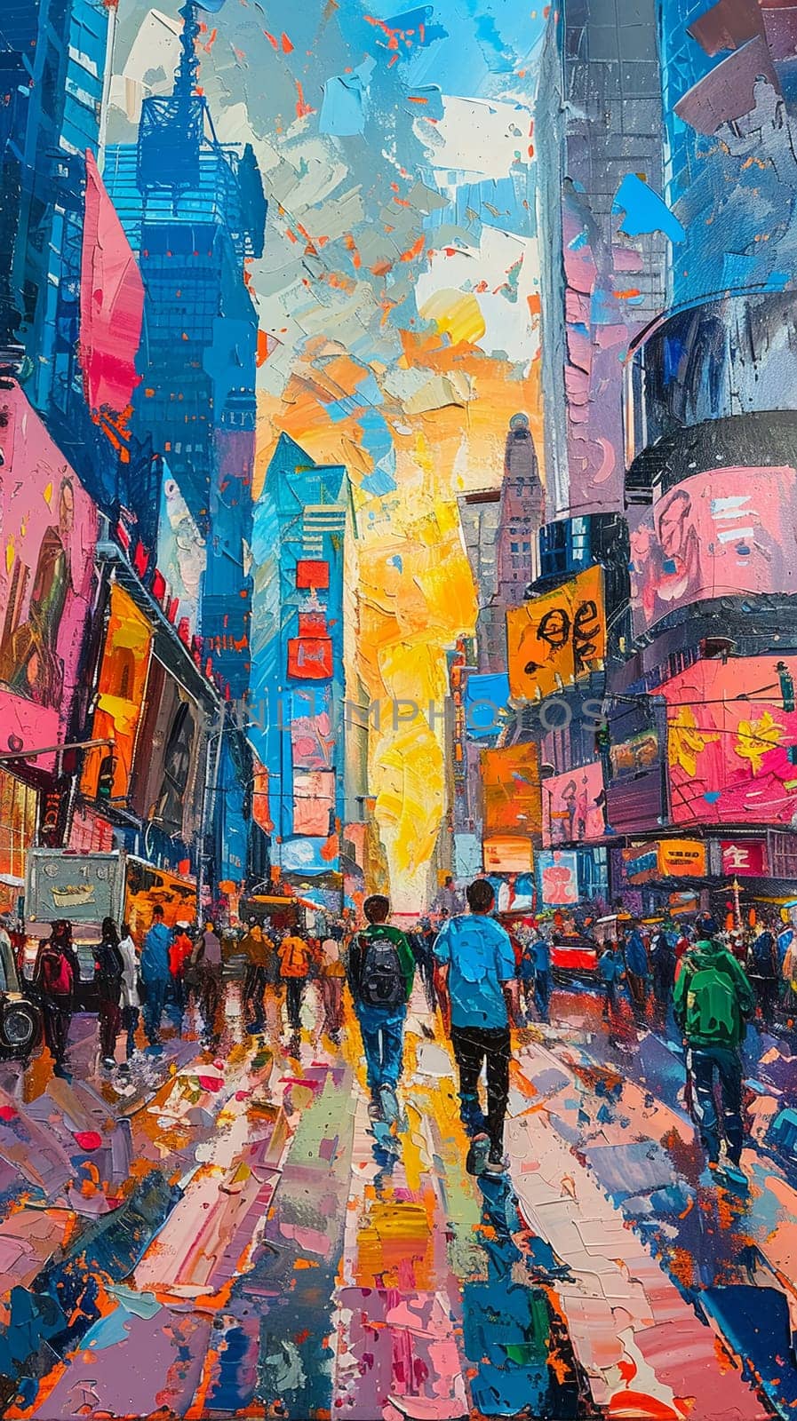 Bustling district street captured with energetic, abstract expressionist paint strokes.
