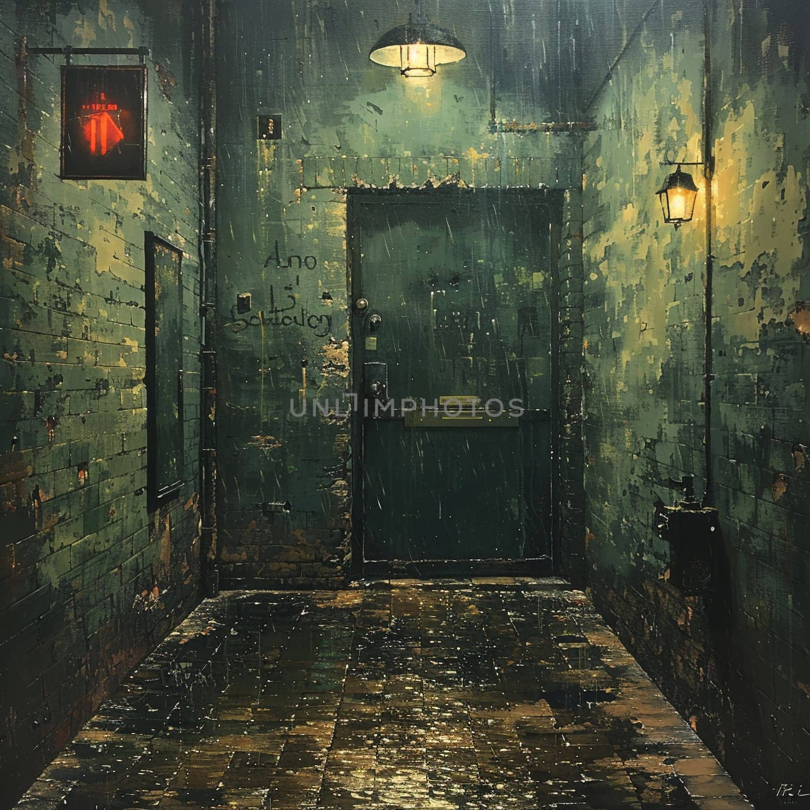Alleyway sanctuary scene painted with a focus on soft lighting and quiet details in acrylics.