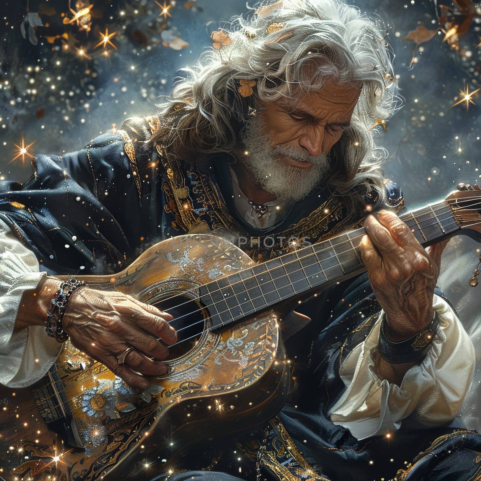 Bard strumming the strings of a starlight lyre, the melody a constellation of sound.