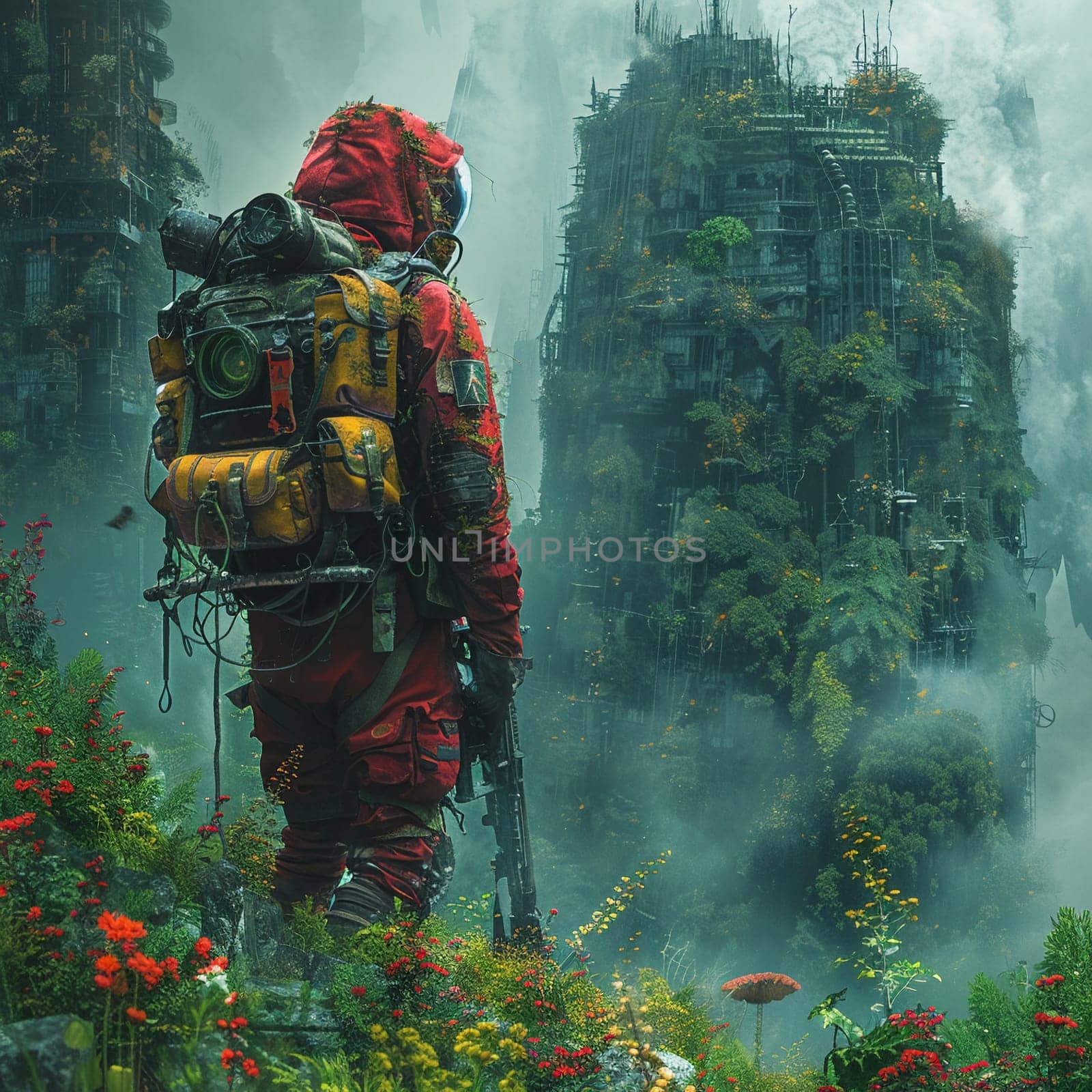 Adventurer trekking through an overgrown utopia by Benzoix