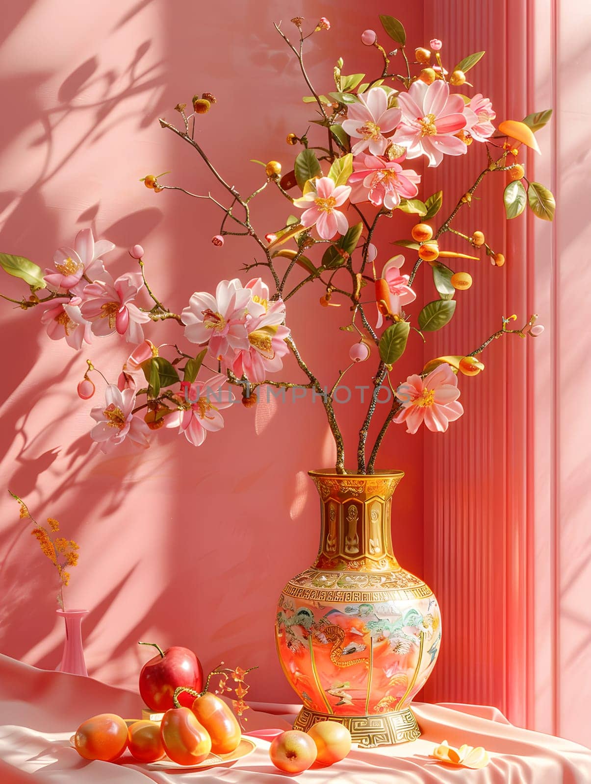 A flowerpot with pink flowers and apples is placed on a table near a window, adding a touch of color to the interior design with its beautiful petals