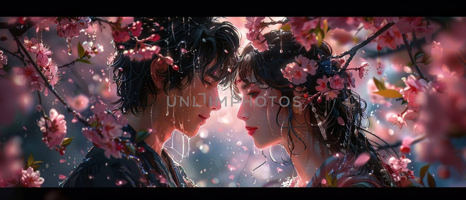 Intimate moment under cherry blossoms, illustrated in a soft, romanticized anime style.