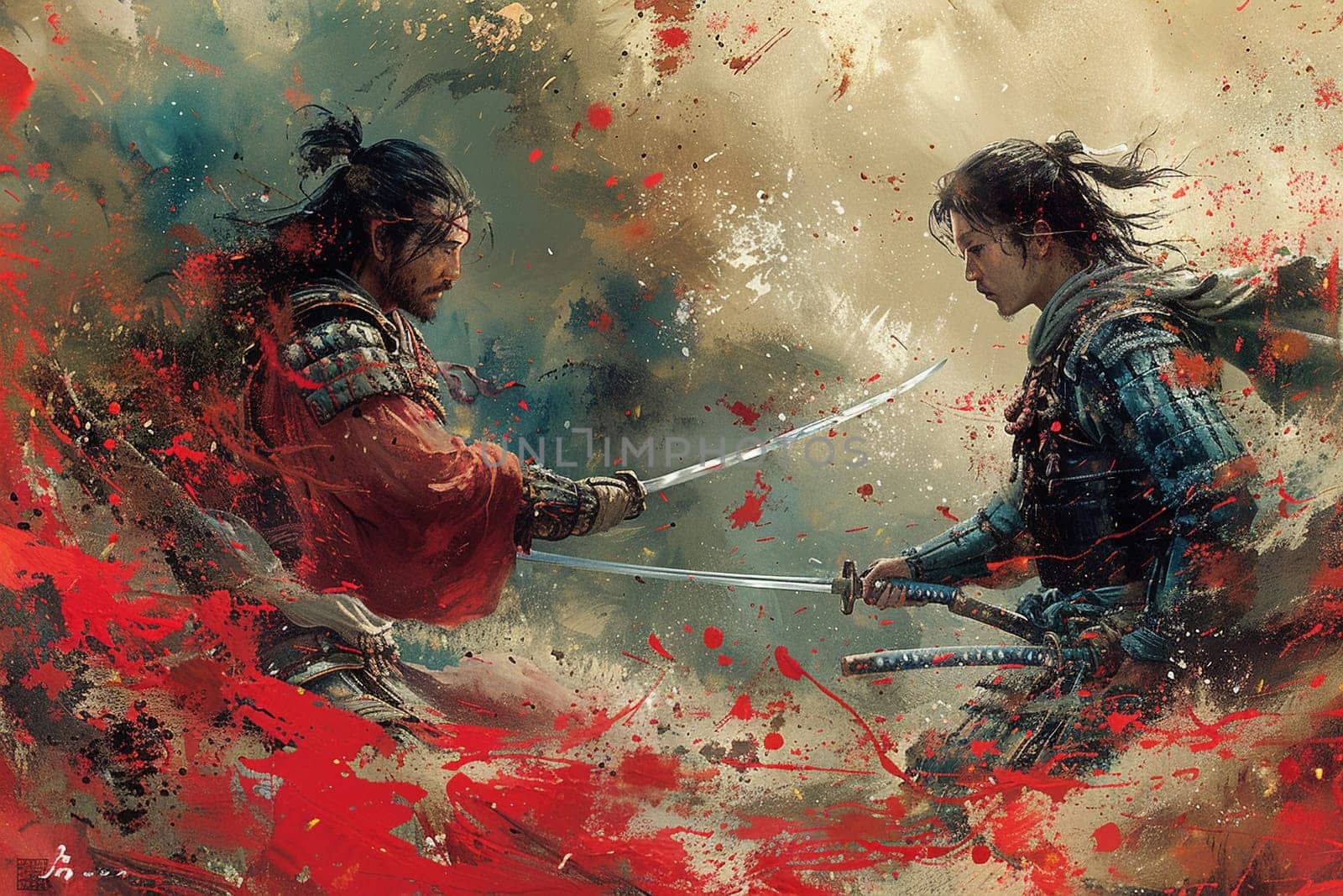 Duel between mythic samurai warriors, captured in a dynamic anime style with dramatic composition.