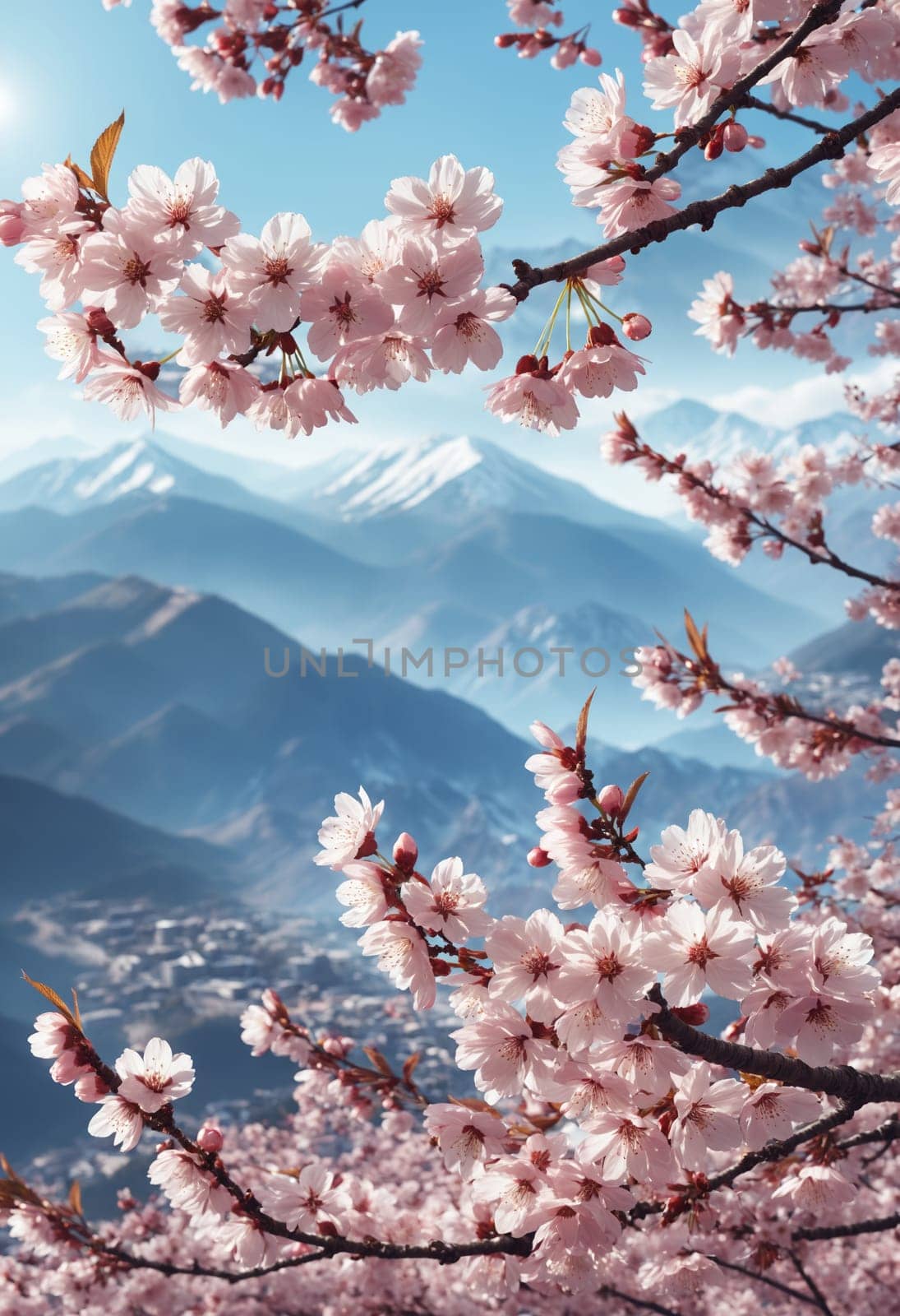 cherry blossom in spring time with blue sky and mountains background.