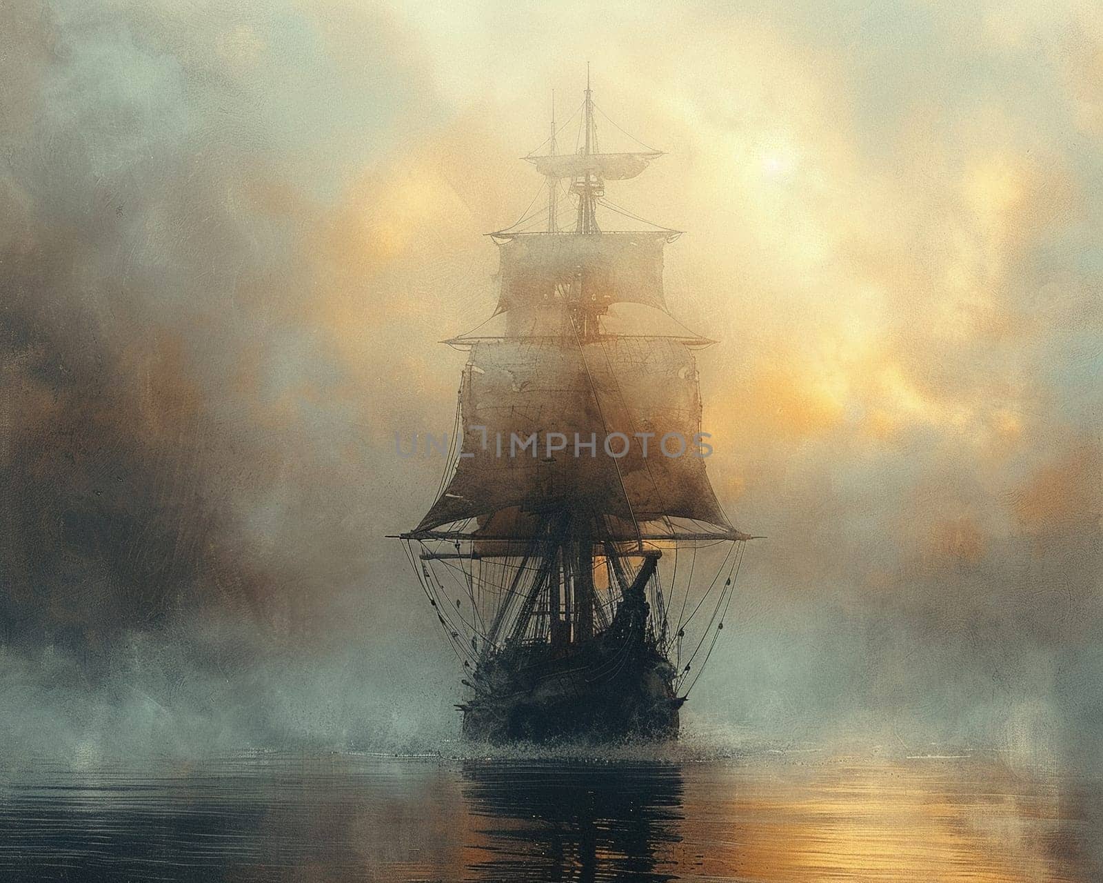 Pirate ship navigating through mystical fog by Benzoix