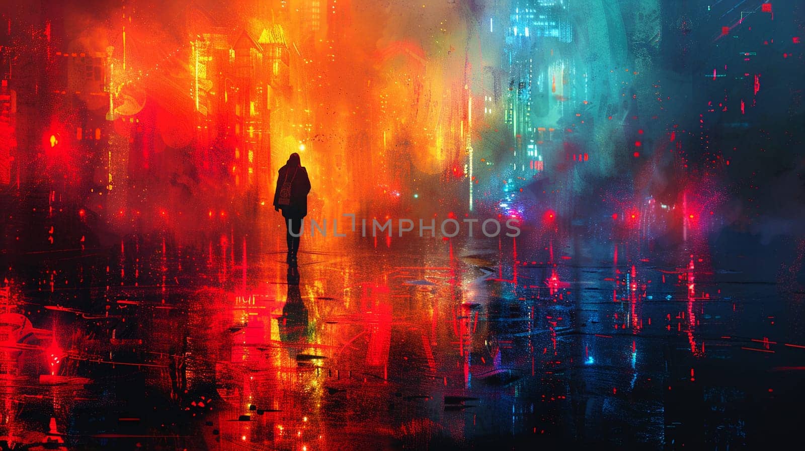 Vibrant digital painting of a figure navigating through neon-lit streets, reflecting the pulse of city life.