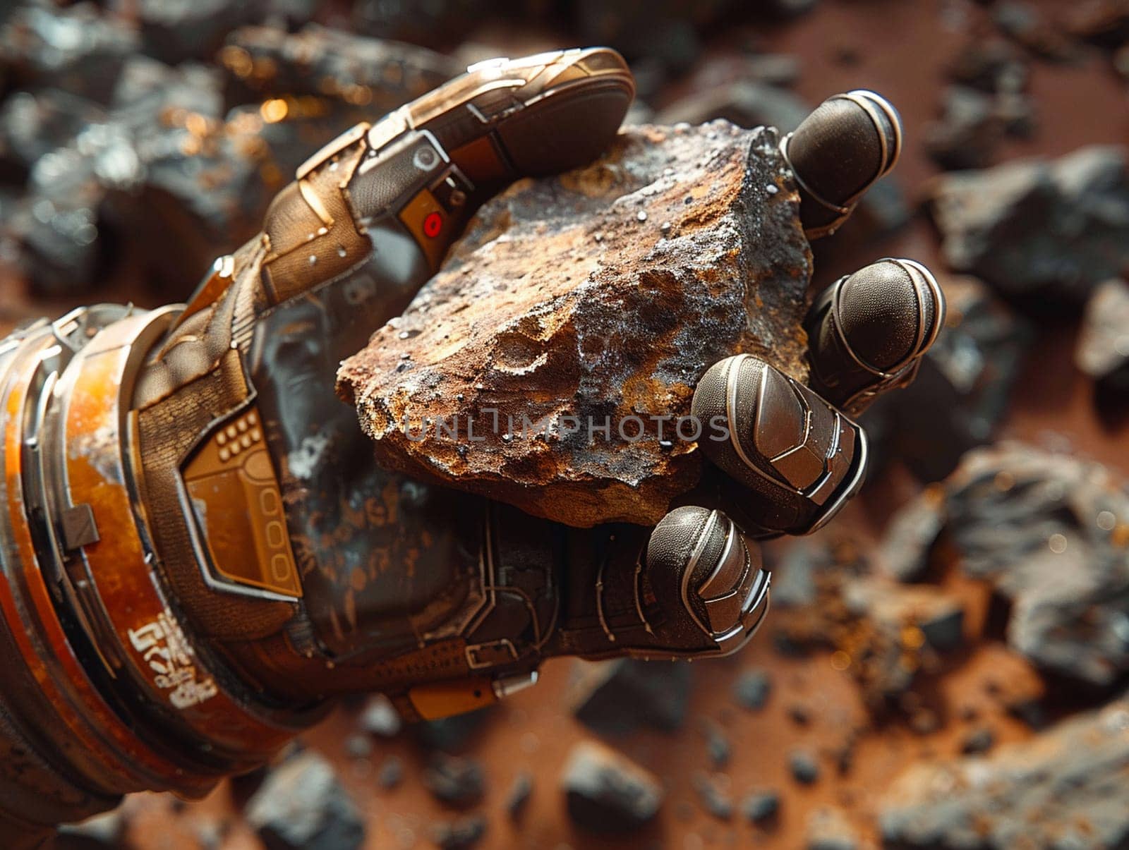 Astronaut's hands holding a martian rock, rendered in a photorealistic style against the backdrop of space.