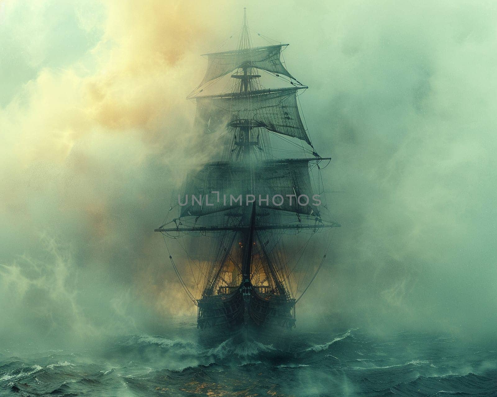 Pirate ship navigating through mystical fog, illustrated with a vintage map aesthetic and aged textures.