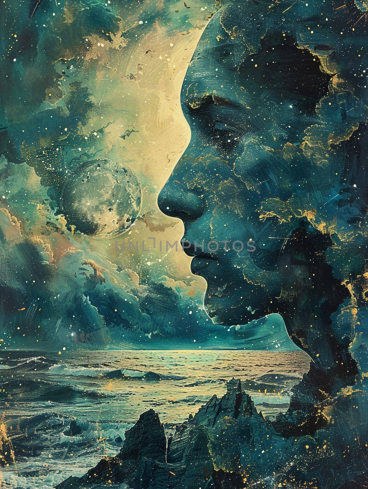 Cosmos-gazing figure depicted in a surreal Salvador Dali-inspired style by Benzoix