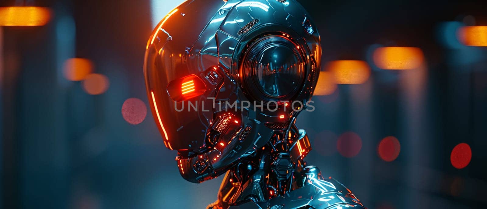 Futuristic android in contemplation, rendered in a sleek 3D style with chrome and neon highlights.