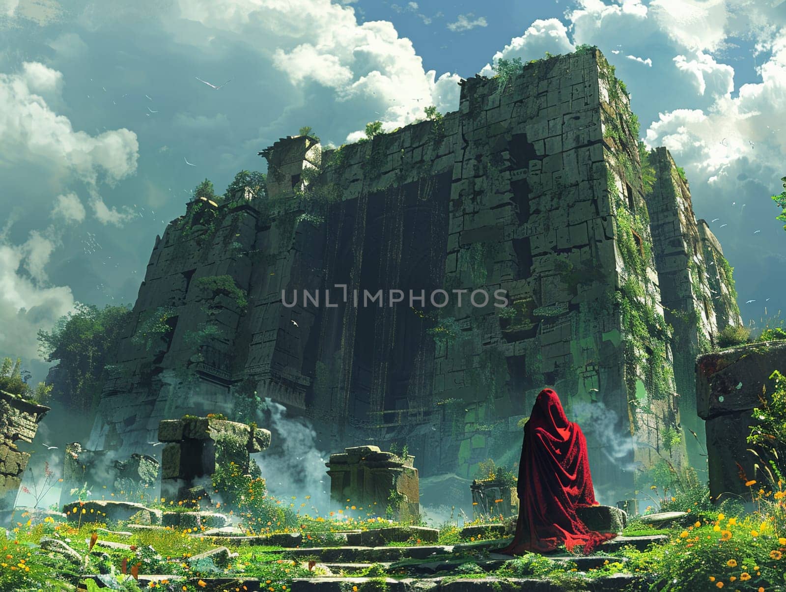 Character lounging amidst ancient ruins by Benzoix