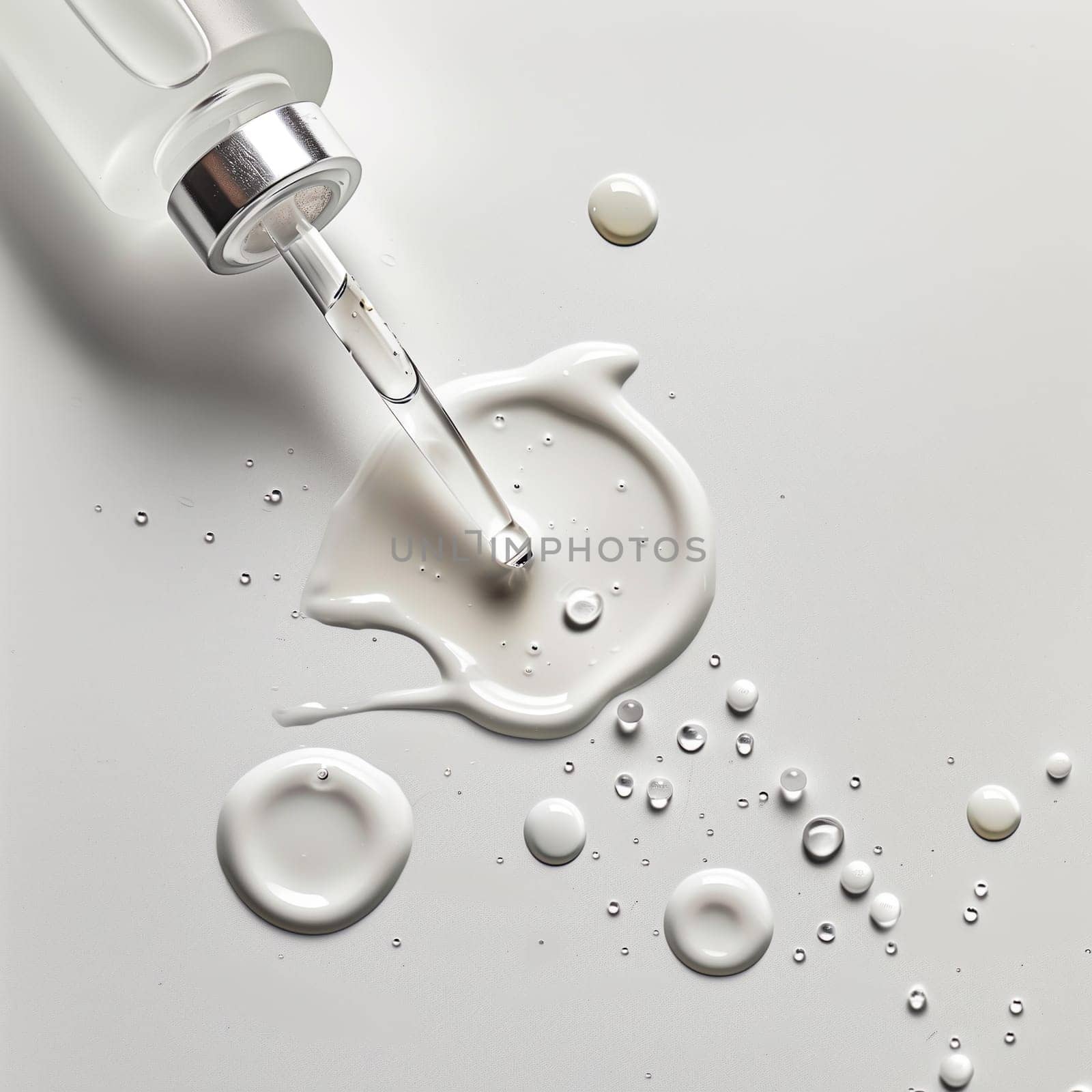 Drops of cosmetic serum and a pipette. A skin care product. White background. Copy space.
