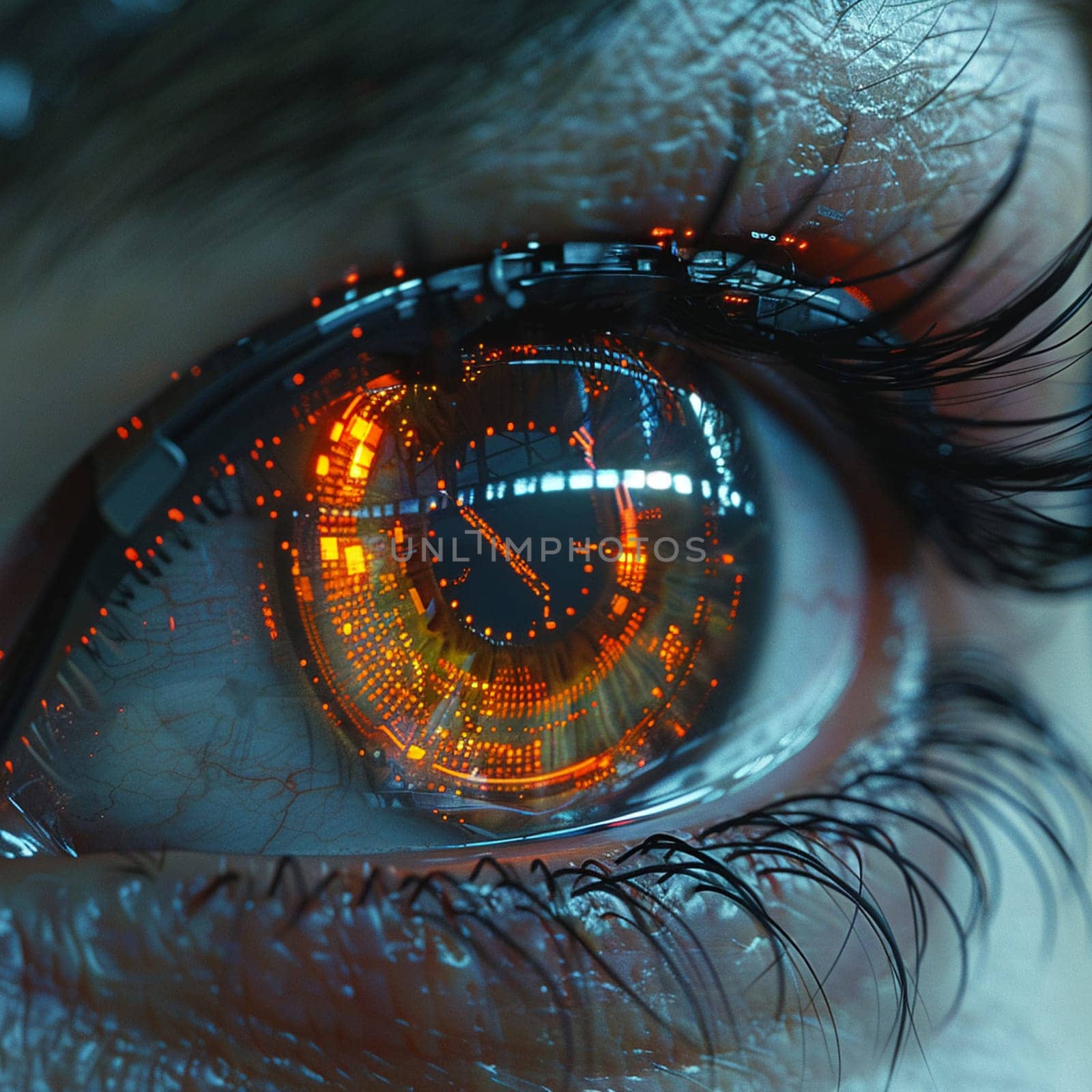 Cybernetic eye with a detailed HUD, illustrated in a 3D style showcasing advanced technology.