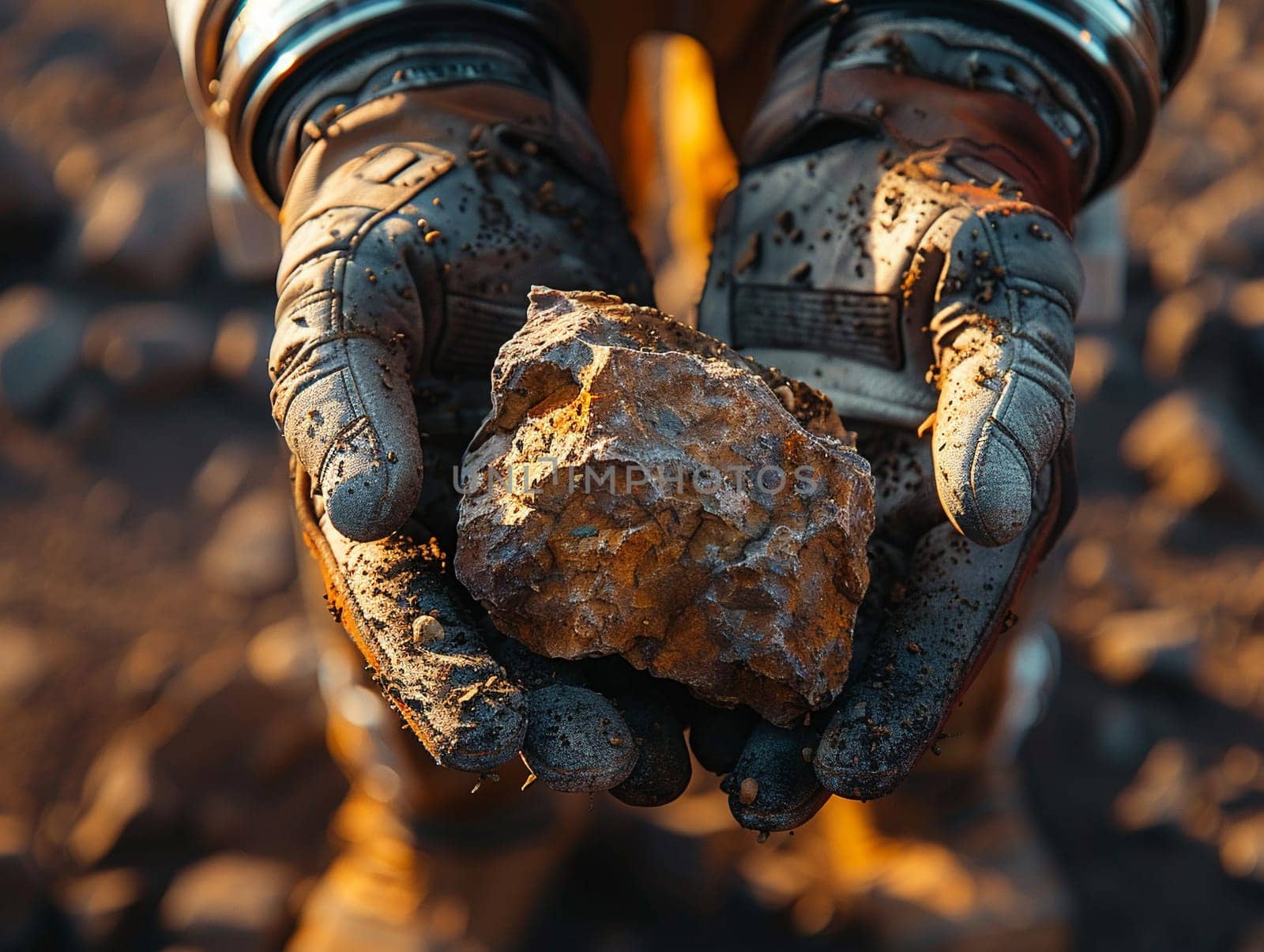 Astronaut's hands holding a martian rock, rendered in a photorealistic style against the backdrop of space.